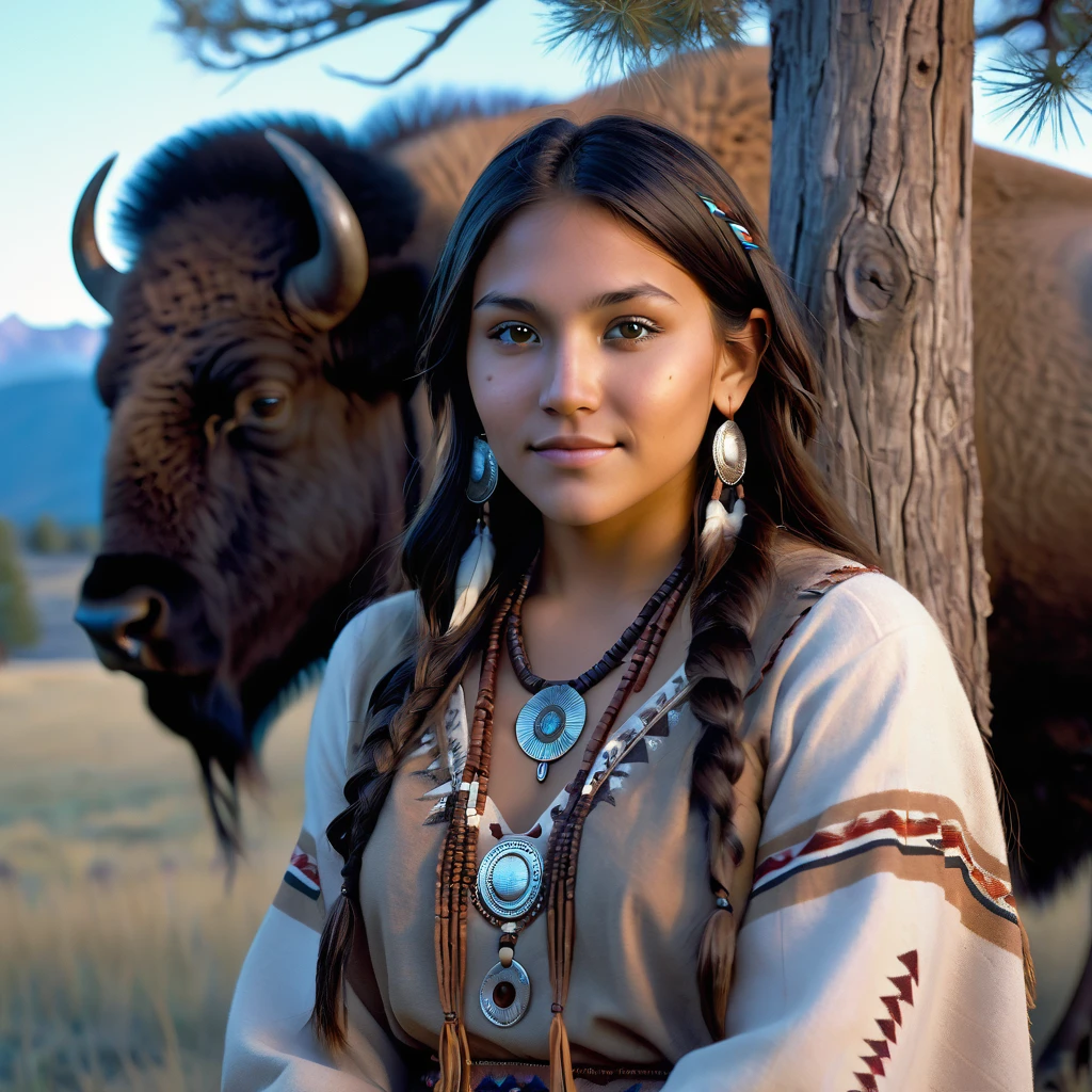 (grainy:0.5), cinematic, beautiful girl 25 year old native american,fantasy,(solo:1.3), detailed eyes, detailed face, detailed native american sexy clothing, volumetric lighting, dusk, extremely detailed background, standing next to tree and mountain, smiling, half closed brown eyes, tilted head, from side, sitting next to her American Bison