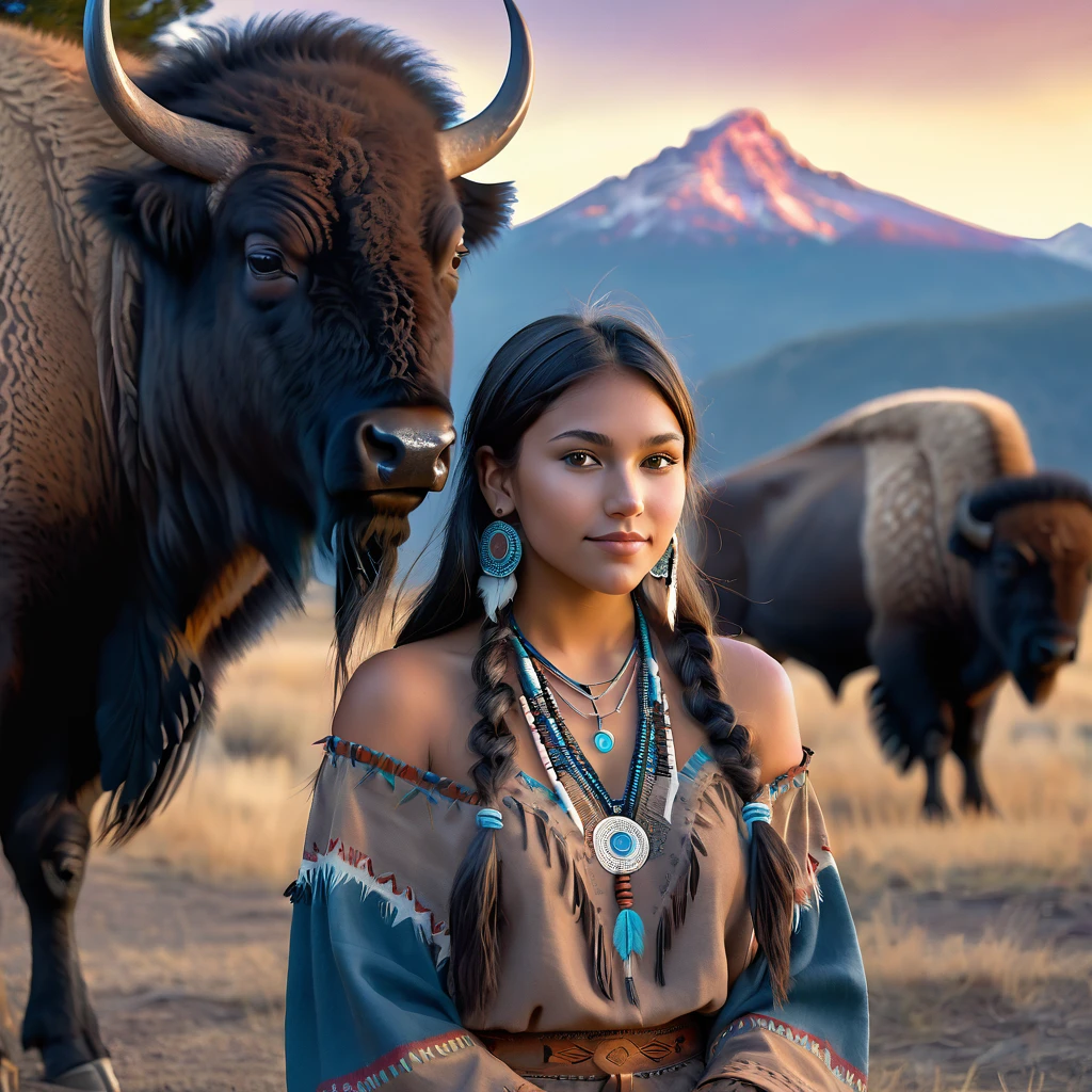 (grainy:0.5), cinematic, beautiful girl 25 year old native american,fantasy,(solo:1.3), detailed eyes, detailed face, detailed native american sexy clothing, volumetric lighting, dusk, extremely detailed background, standing next to tree and mountain, smiling, half closed brown eyes, tilted head, from side, sitting next to her American Bison