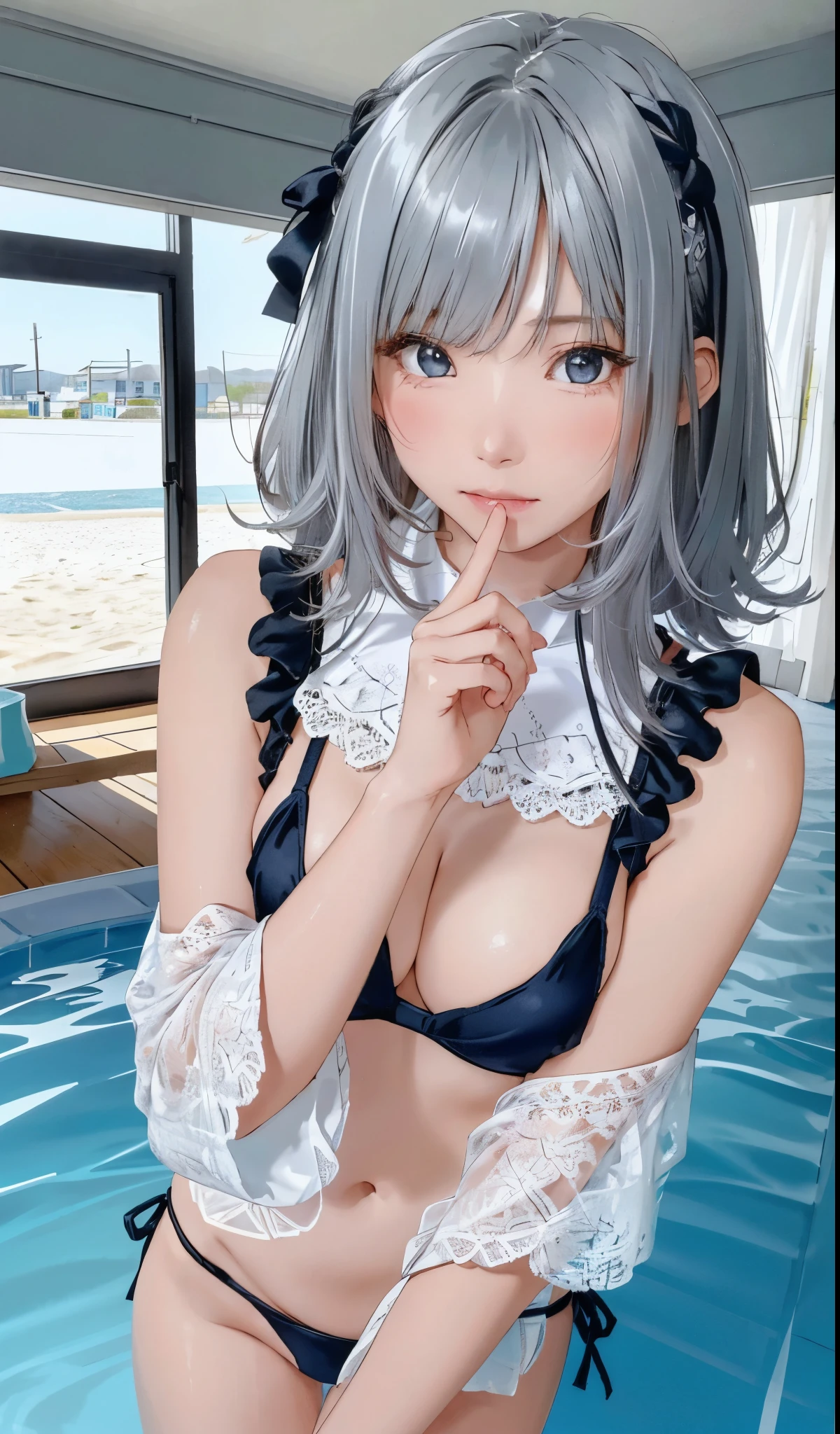 (A girl, , sleeping on the beach:1.3), (Realistic:1.4), (masterpiece, Highest quality, Highest quality, Official Art), Very detailed, Most detailed, (Very detailed), ((Very delicate and beautiful)), Cinematic Light, (Realistically:1.3), (Highly detailed skin:1.2), High resolution, 8k ウルトラHD, 4K, 8k, Bokeh, Digital single-lens reflex camera, Absurd, Optimal ratio of four fingers to one thumb, ((Silky long hair)), (Silver Hair), tears, Beautiful Face,Blonde,Twin tails,Micro Bikini, Perfect Face, highly detailed Beautiful Face, cute, shy,(Recall:1.4), Dynamic Angle, From above,Wearing a swimsuit,