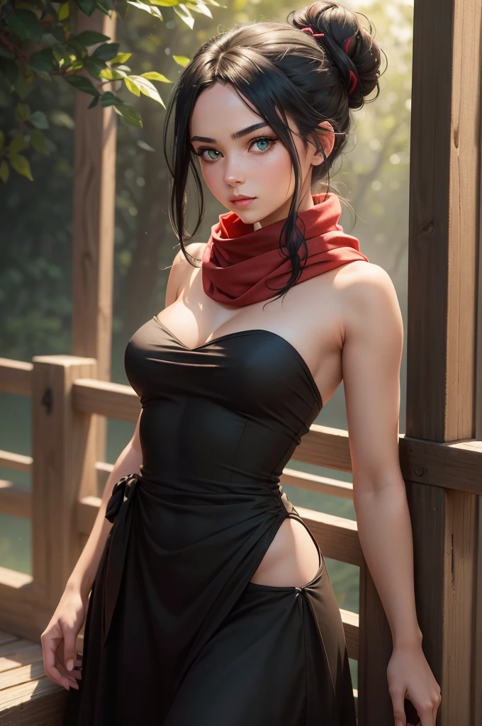 a girl with beautiful detailed green eyes, long black hair tied up in a bun, wearing a strapless midi dress, red scarf around her neck, photorealistic, 8k, ultra-detailed, vivid colors, natural lighting, elegant, beautiful, serene, feminine