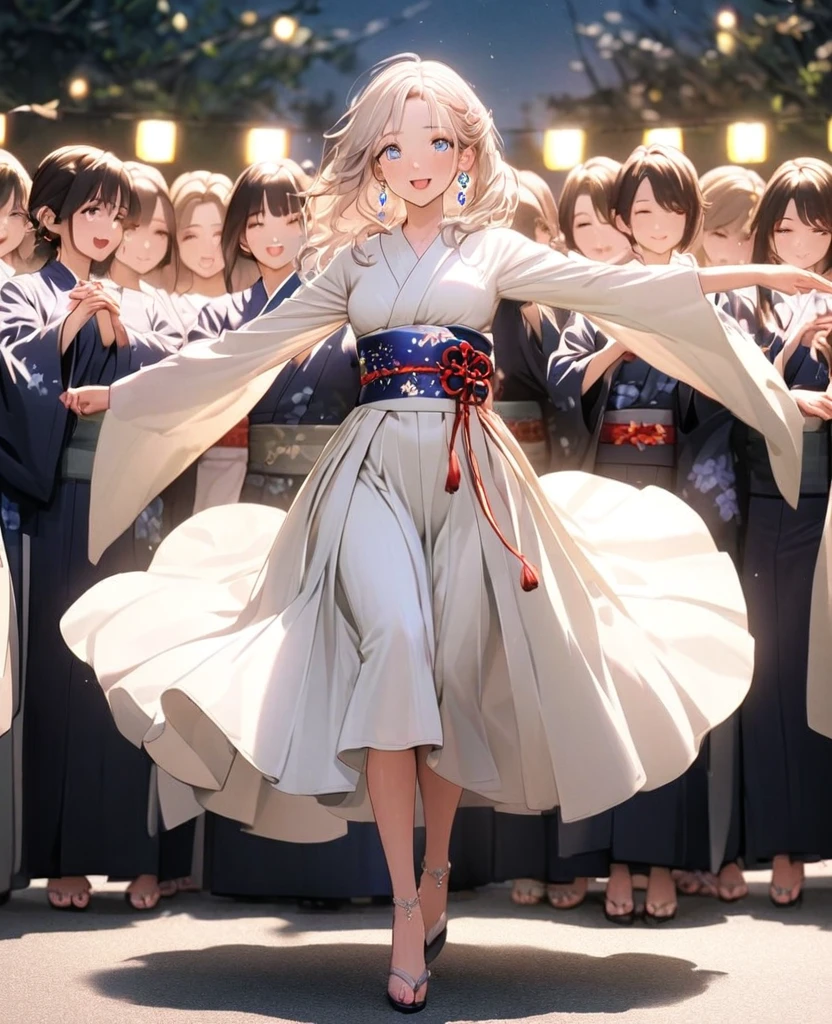 8K,gal,an extremely delicate and beautiful,Beautiful and realistic skin,Shiny jewel-like earrings,Shine like glitter long Greige hair,beautiful eyes,full body,Bon dance,yukata