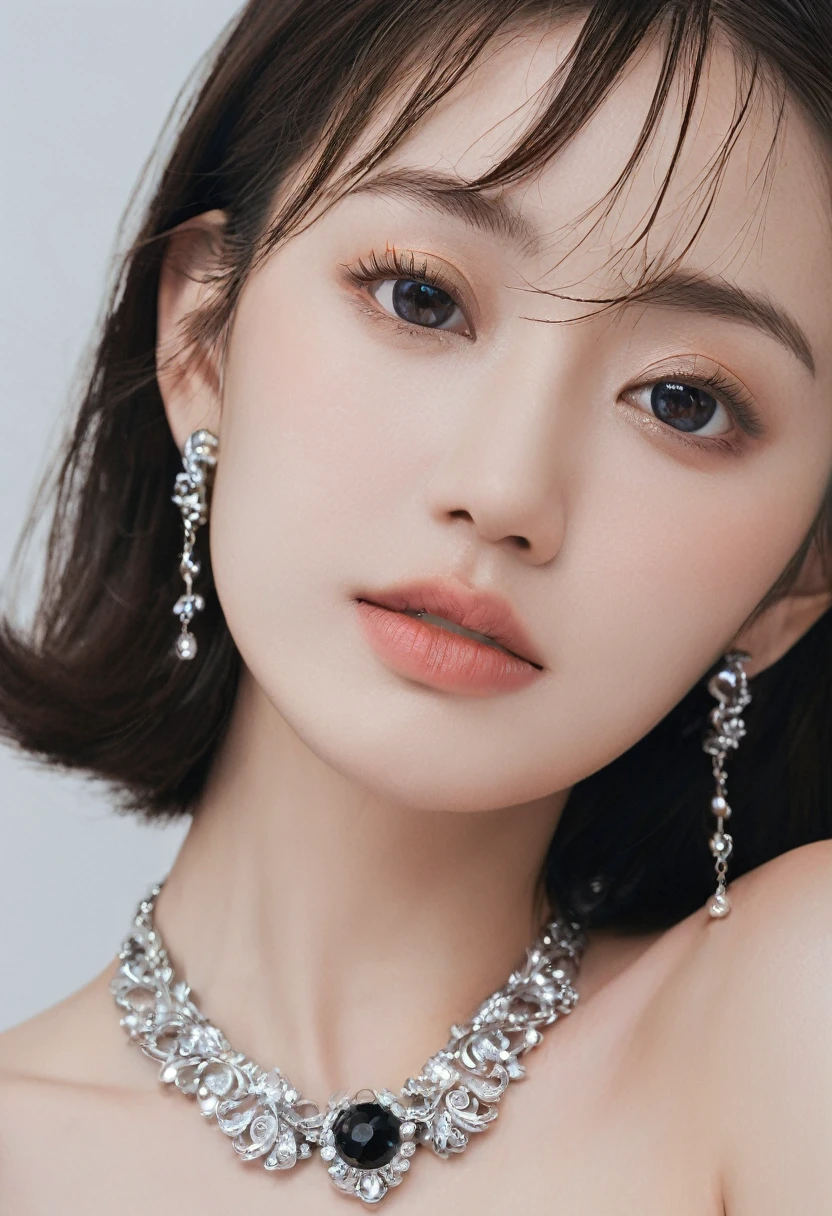 (realistic, photo-realistic:1.4), (masterpiece, best quality:1.2), RAW photo, high resolution, intricate details, extremely detailed, realistic and sharp details, cinematic lighting, portrait, (bust shot, midriff:1.5), frontal photography, solo, 1girl, a Japanese woman, dark hair, (detailed face, beautiful detailed eyes, sophisticated nose), pale skin, collarbone, necklace, jewelry, (large breasts, cleavage), (black dress), photo background, indoors,