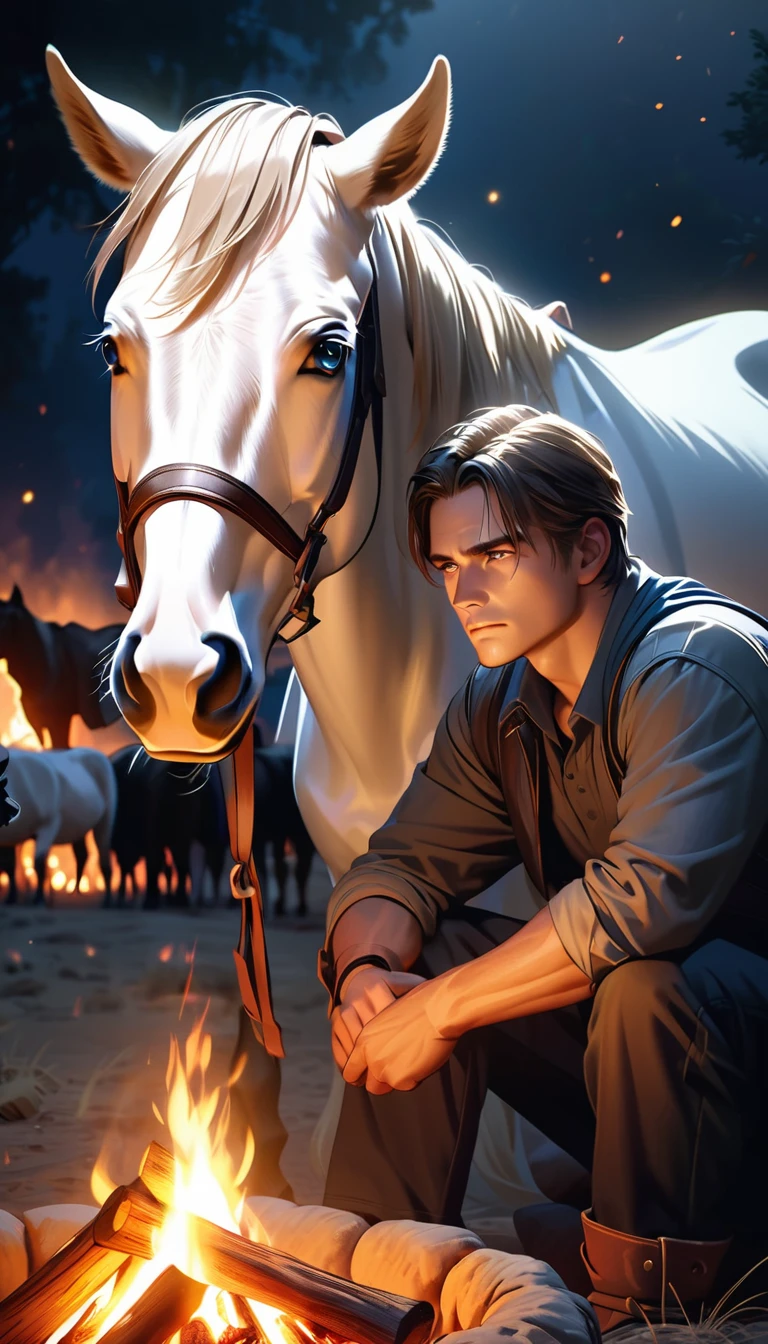 Man u pray in the desert resting next to a campfire at night, His faithful horse at his side,