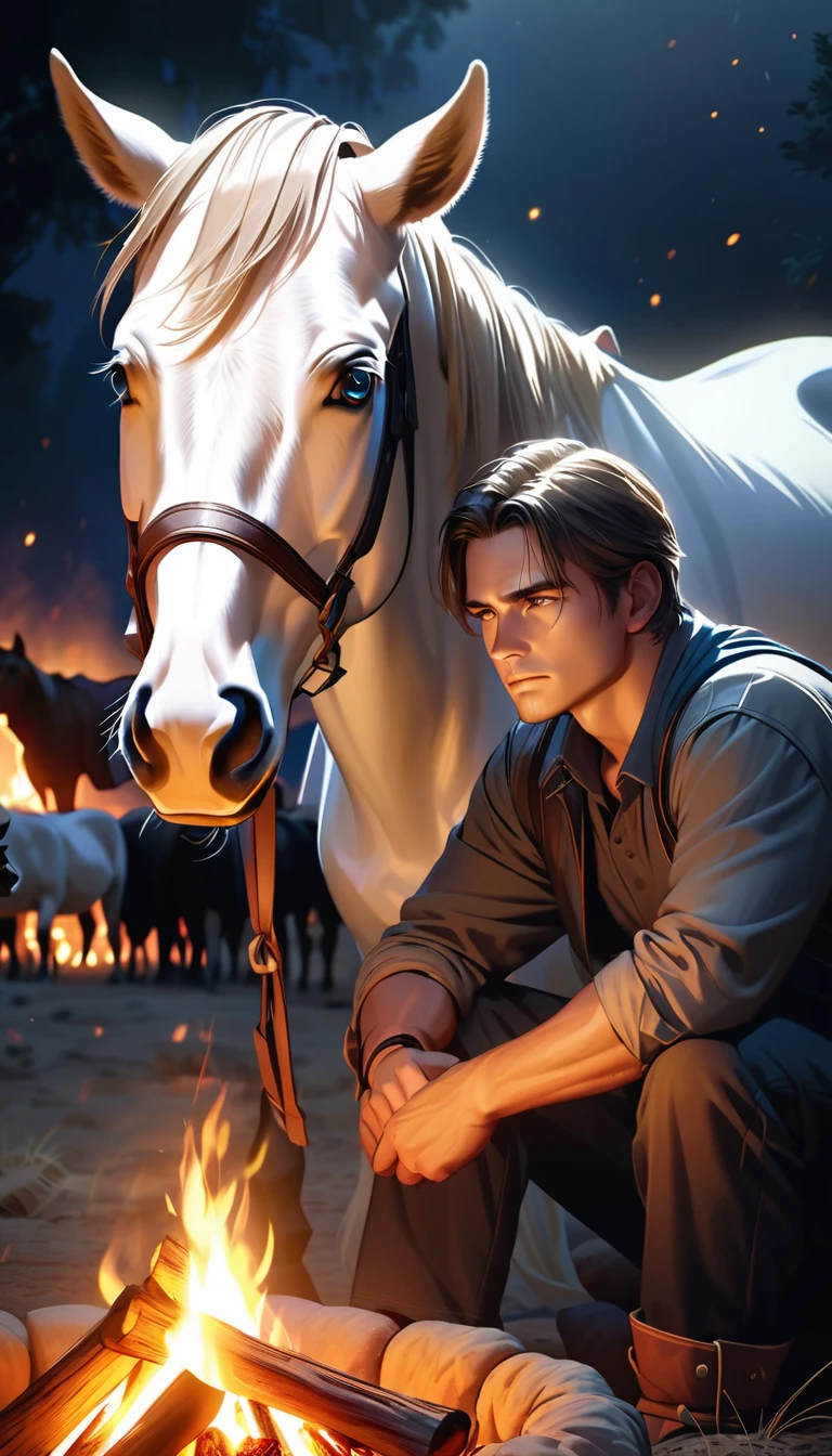Man u pray in the desert resting next to a campfire at night, His faithful horse at his side,