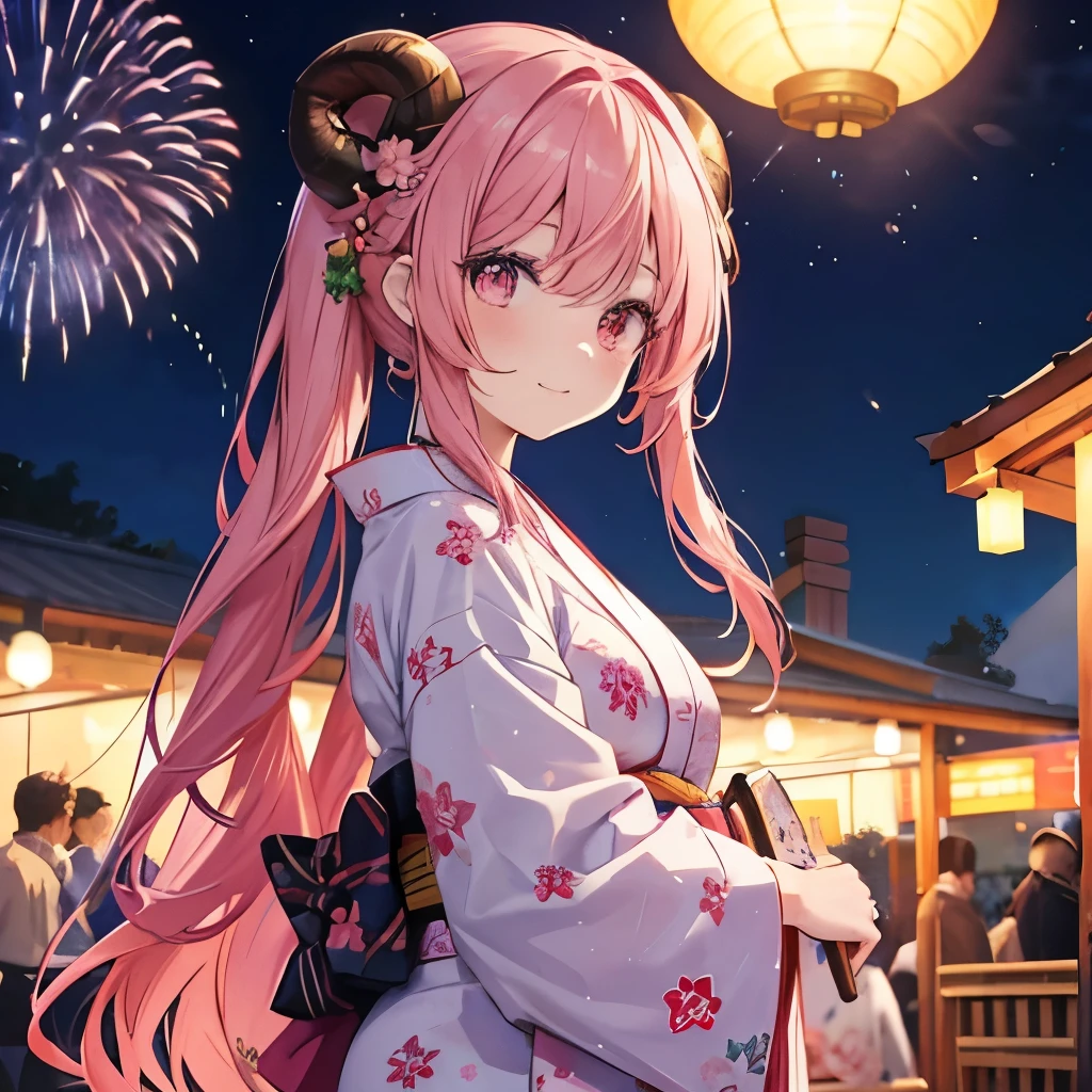 An anime-style illustration of ‘Fua-chan’ attending a fireworks festival. Fua-chan has distinctive features: long pink hair styled in soft curls resembling sheep’s horns, and pink eyes. She is depicted wearing a beautiful yukata with vibrant patterns, standing outdoors with a delighted and awe-struck expression as she watches the fireworks in the sky. The background shows a night sky filled with colorful fireworks, and the festive atmosphere of the event with stalls, lanterns, and other festival-goers, creating a lively and magical setting. best smile