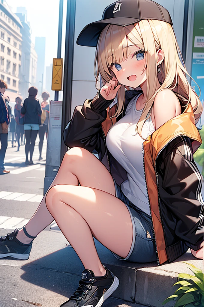 (Masterpiece, Top quality:1.5), 1 beautiful girl, sitting down, from side, Blonde, medium Hair, wavy Hair, asymmetry bangs, swept bangs, airy hair, large breasts:1.2, 16 year old, standard weight, (cool jacket, Shorts :1.3), baseball cap, smile:1.3, blush, beautiful scene of street, blurry background, magnificent panorama view, open mouth