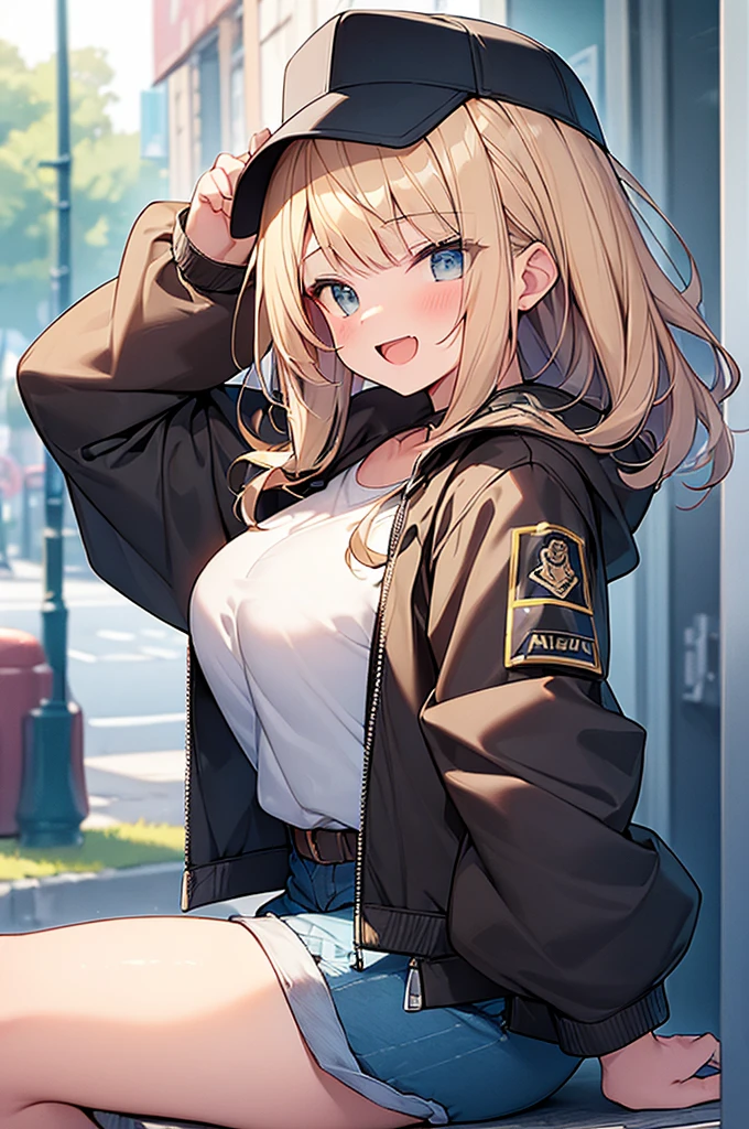 (Masterpiece, Top quality:1.5), 1 beautiful girl, sitting down, from side, Blonde, medium Hair, wavy Hair, asymmetry bangs, swept bangs, airy hair, large breasts:1.2, 16 year old, standard weight, (cool jacket, Shorts :1.3), baseball cap, smile:1.3, blush, beautiful scene of street, blurry background, magnificent panorama view, open mouth