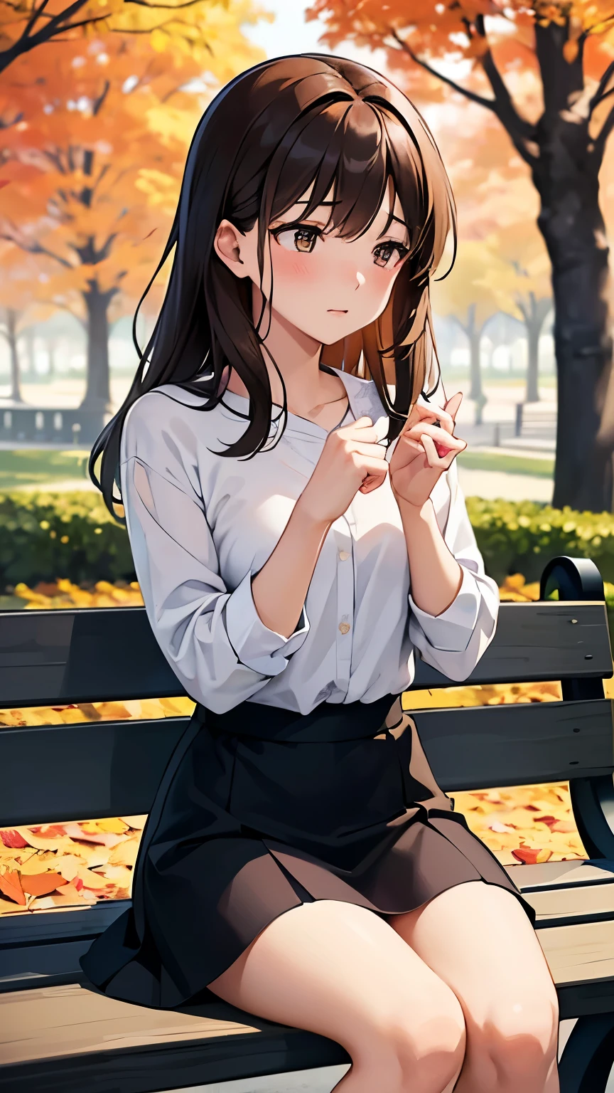 「Describe a beautiful scene with a theme of unrequited love。A young woman sitting on a park bench、Gazing into the distance, thinking of the person I have a crush on。The woman has a slightly sad look on her face.、Autumn leaves dancing in the wind。The woman has long brown hair、I'm wearing casual clothes。Colored trees in the background々There is a quiet lake、The soft light of dusk envelopes the scene.。Overall warm colours、Emphasize the sentimental atmosphere。」