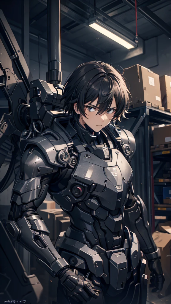 silence,Looking at the items in the warehouse,Warehouse full of supplies,It's dark all around,End of the World,an adult male,youth,Black short hair,look around,Wearing a sophisticated dark gray mecha armor suit,The armor suit has huge and thick limbs,Only the male youth’s hair and face are exposed,Upper body close-up
