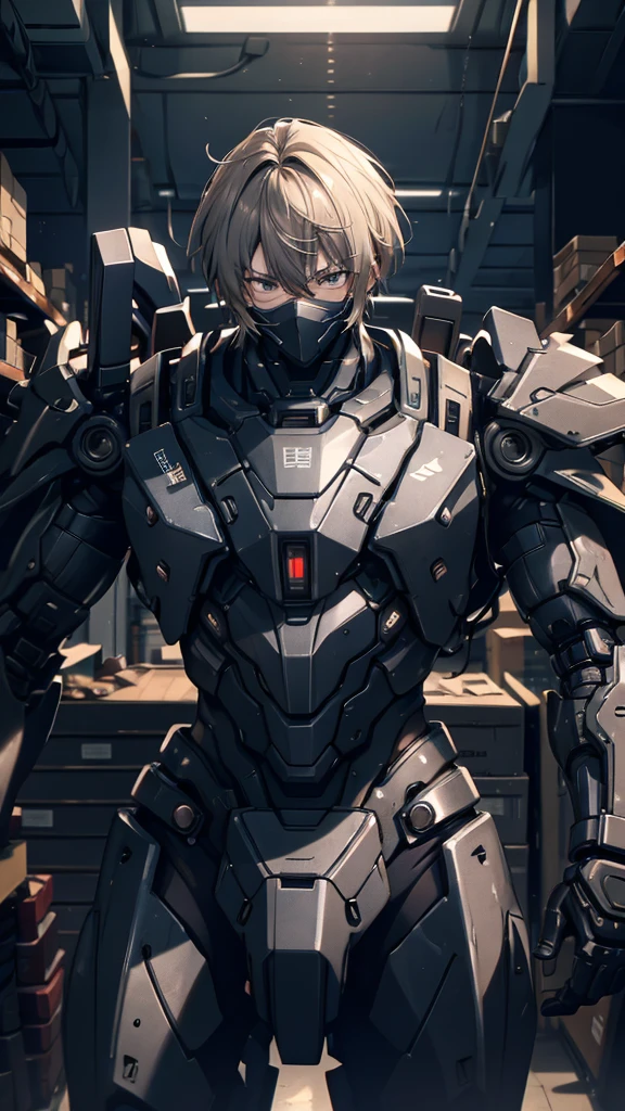 silence，Looking at the items in the warehouse，Warehouse full of supplies，It's dark all around，End of the World，an adult male，youth，Black short hair，look around，Wearing a sophisticated dark gray mecha armor suit，The armor suit has huge and thick limbs，Only the male youth’s hair and face are exposed，Upper body close-up