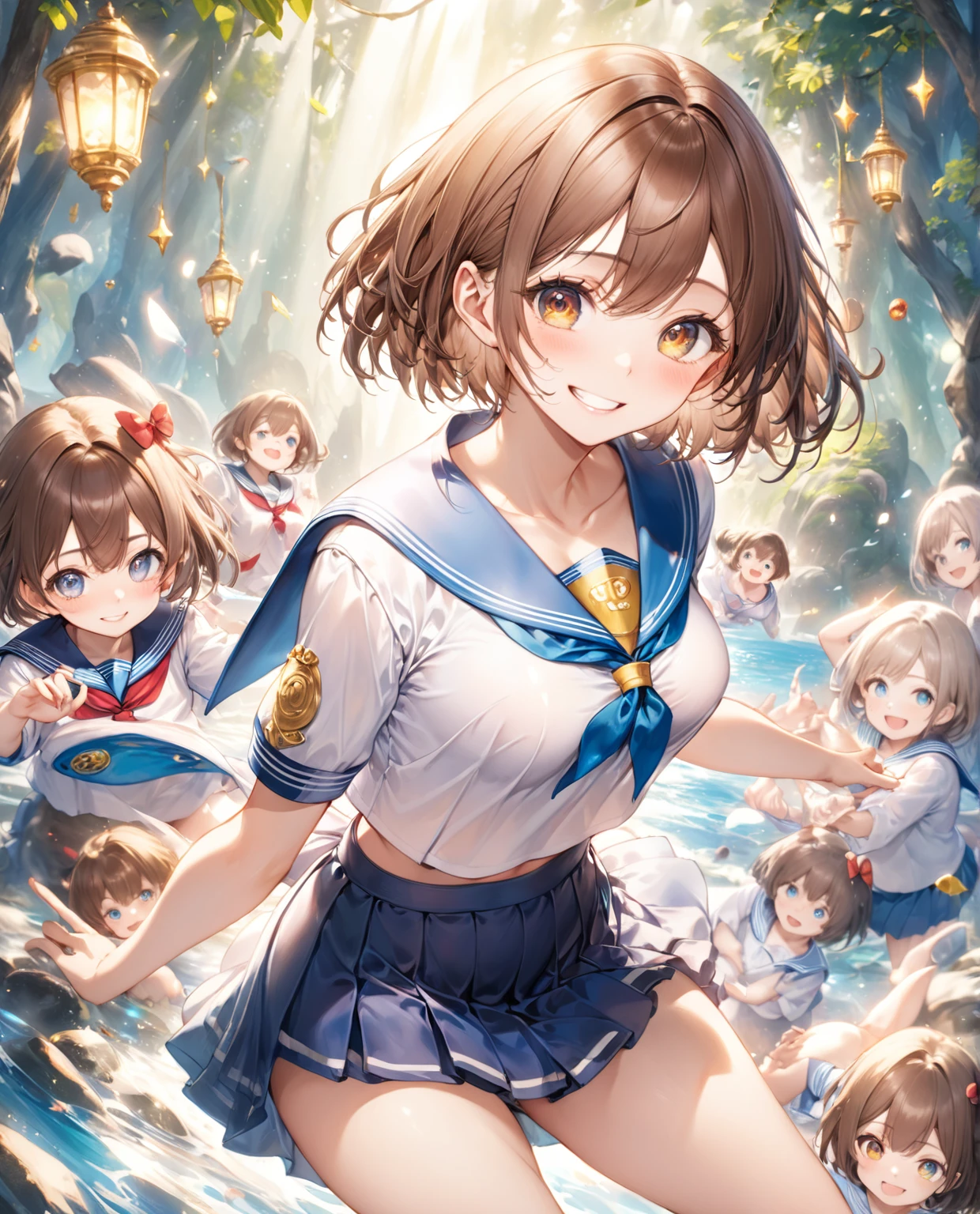 (Highest quality, 8k, 32K, masterpiece, Ultra-high resolution,:1.2),to be born,一人のgirl,very cute , Fantasy Background, clear, Shining Eyes, Age 25 ,Fair skin, girl , Slanted Eyes, , An innocent smile, Grin, Large Breasts, Sailor suit, mini skirt,Brown Hair, short hair, Pause