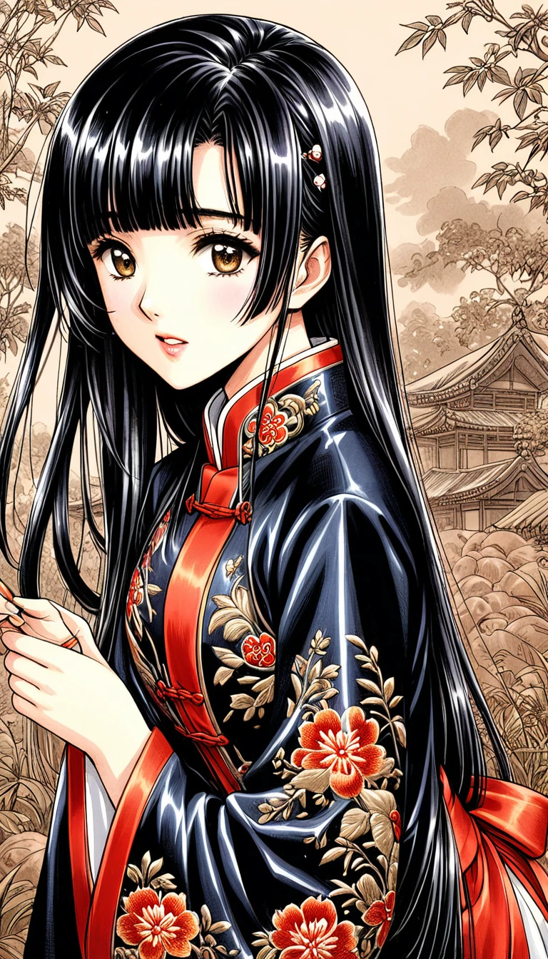 Beautiful 15-year-old Chinese princesses with long black hair　Gorgeous embroidery, Ultra glossy, She is wearing a shiny royal long sleeve Chinese jacket....　She is wearing a Chinese jacket　彼女達は花柄の赤いビニール布団の上でPoopをする　Extremely thick poop　　They climax and cry while cumming　She has hairy swollen pussy　They excrete a lot of waste.　Scat sex　Filth　Poop　Defecation　