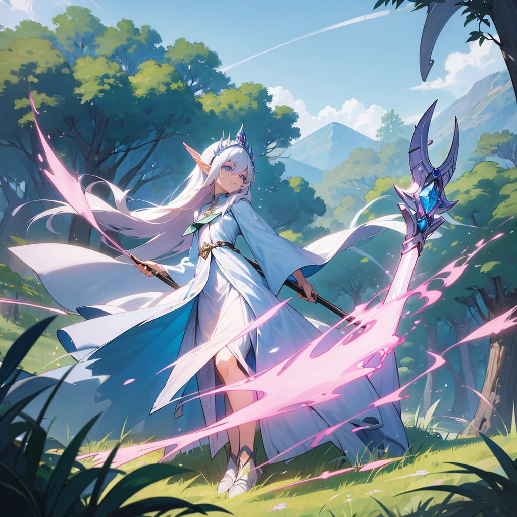 woman, female, smiling, elf, White ash hair, Sky blue eyes, slant eyes, slender wizard, shiny hair, semi long, sky blue wizard dress, pail pink flower hair accessory, with a staff, fantasy, outside, in the grassland, in the forest