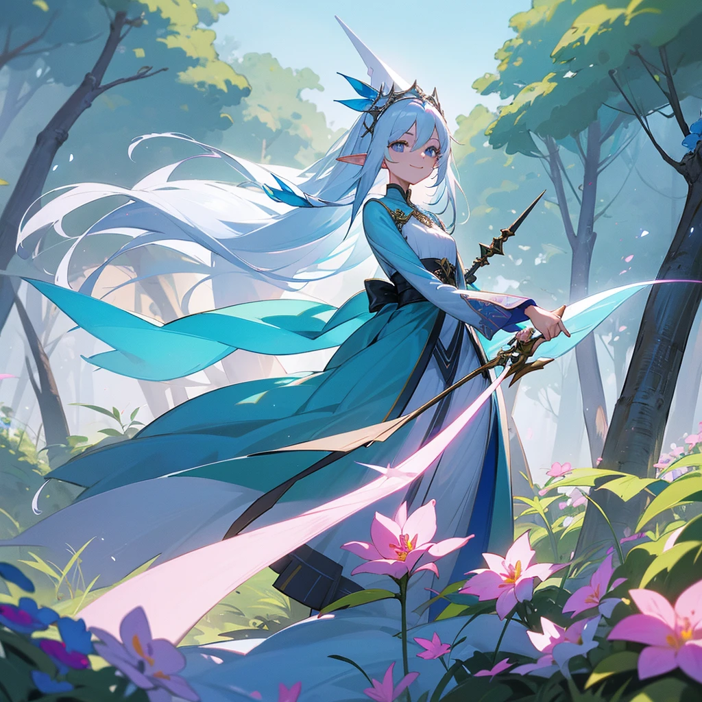 woman, female, smiling, elf, White ash hair, Sky blue eyes, slant eyes, slender wizard, shiny hair, semi long, sky blue wizard dress, pail pink flower hair accessory, with a staff, fantasy, outside, in the grassland, in the forest