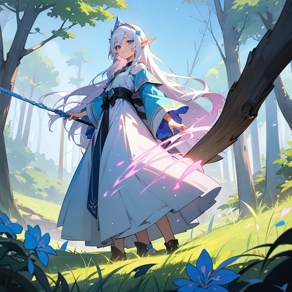 woman, female, smiling, elf, White ash hair, Sky blue eyes, slant eyes, slender wizard, shiny hair, semi long, sky blue wizard dress, pail pink flower hair accessory, with a staff, fantasy, outside, in the grassland, in the forest