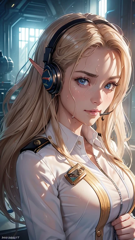 masterpiece, Highest quality, Highly detailed CG Unity 8K wallpapers,((Upper body portrait)), ((Spaceship hangar)), (Long pointy ears), Elegant long wavy platinum blonde hair, ((Average chest size, Self-illuminating skin)), ((deck officer: 1.3, Work clothes)), (Sweaty, wet white skin), (Mechanical Headset, Leather Handbags), (blush), , (Captivating smile), cute, Symmetrical face, Detailed eyes, Key Art, Awards, intricate detail realism hdr, Photorealism, Hyperrealism, Ultra-realistic, Dramatic Light, Strong Shadows, Nice views, Written boundary depth