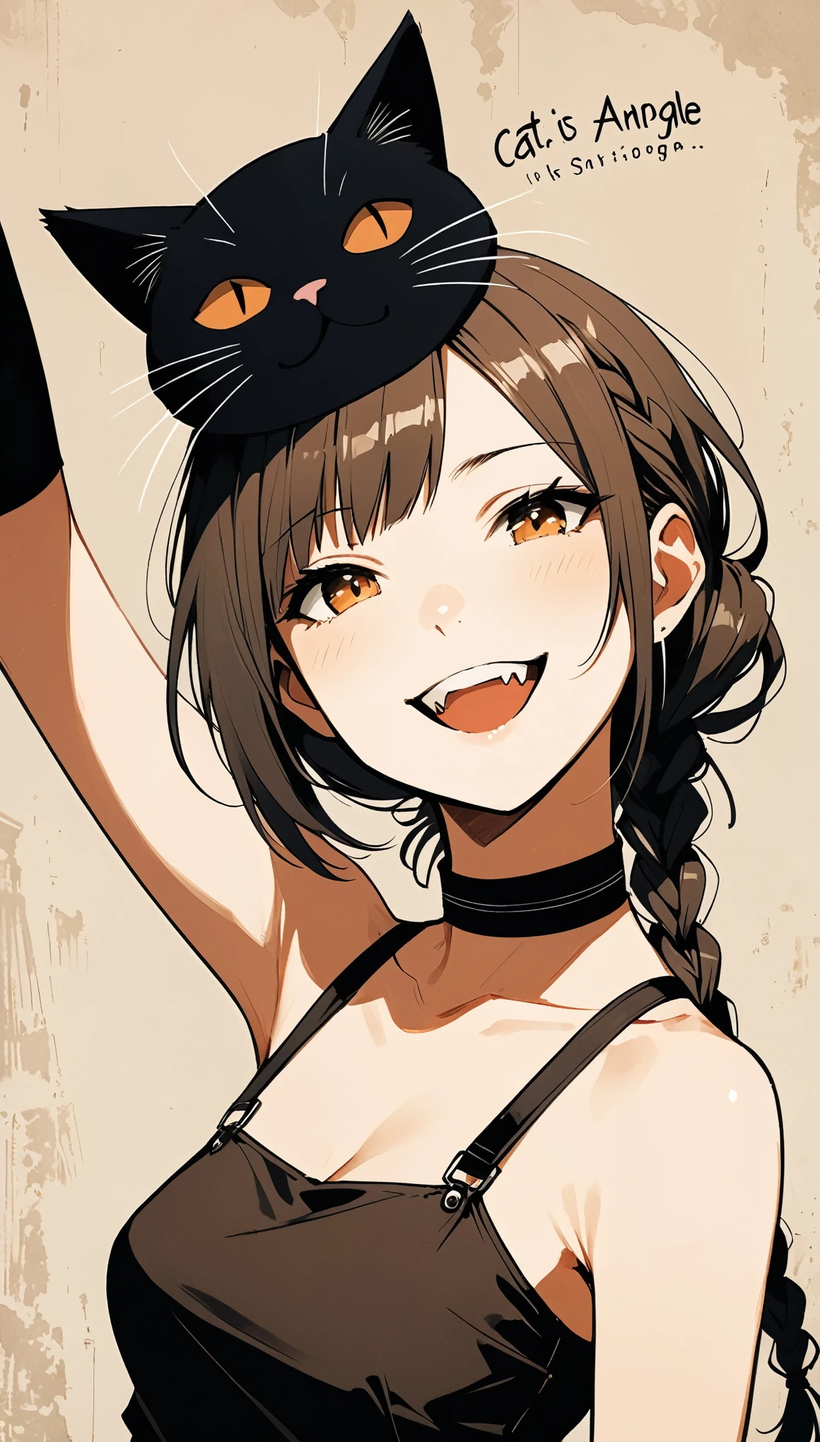 (with the text:"Cat is angle":1.4),in style of Santiago Caruso,in style of ashley wood,in style of Ilya Kuvshinov,in style of Albert Pinkham Ryder,in style of Barnett Newman
character concept design,(1girl:1.1),upper_body,front braid,cat on head,{arm above head:1.4},laughing,selfie hand,multi-tied hair