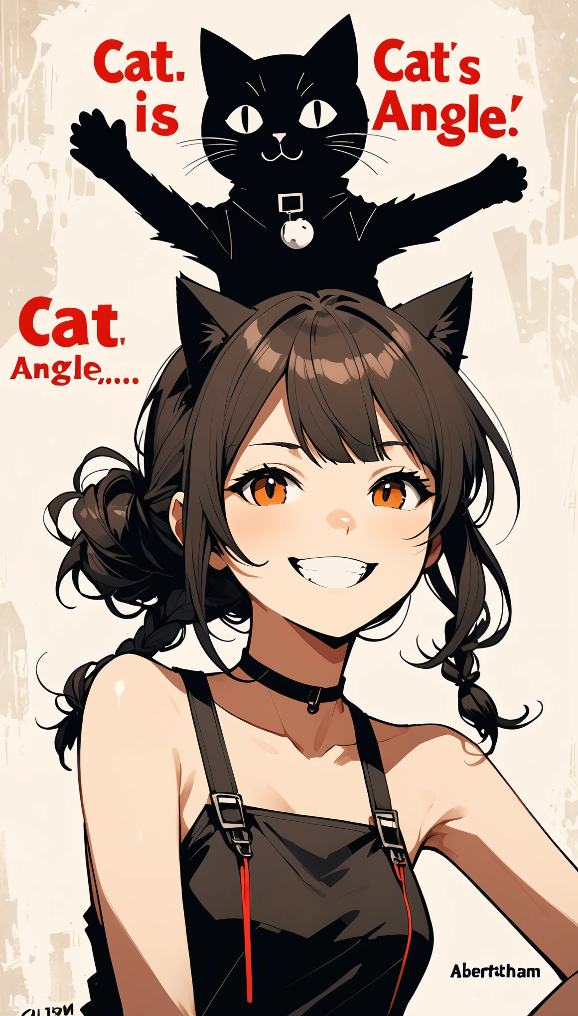 (with the text:"Cat is angle":1.4),in style of Santiago Caruso,in style of ashley wood,in style of Ilya Kuvshinov,in style of Albert Pinkham Ryder,in style of Barnett Newman
character concept design,(1girl:1.1),upper_body,front braid,cat on head,{arm above head:1.4},laughing,selfie hand,multi-tied hair
