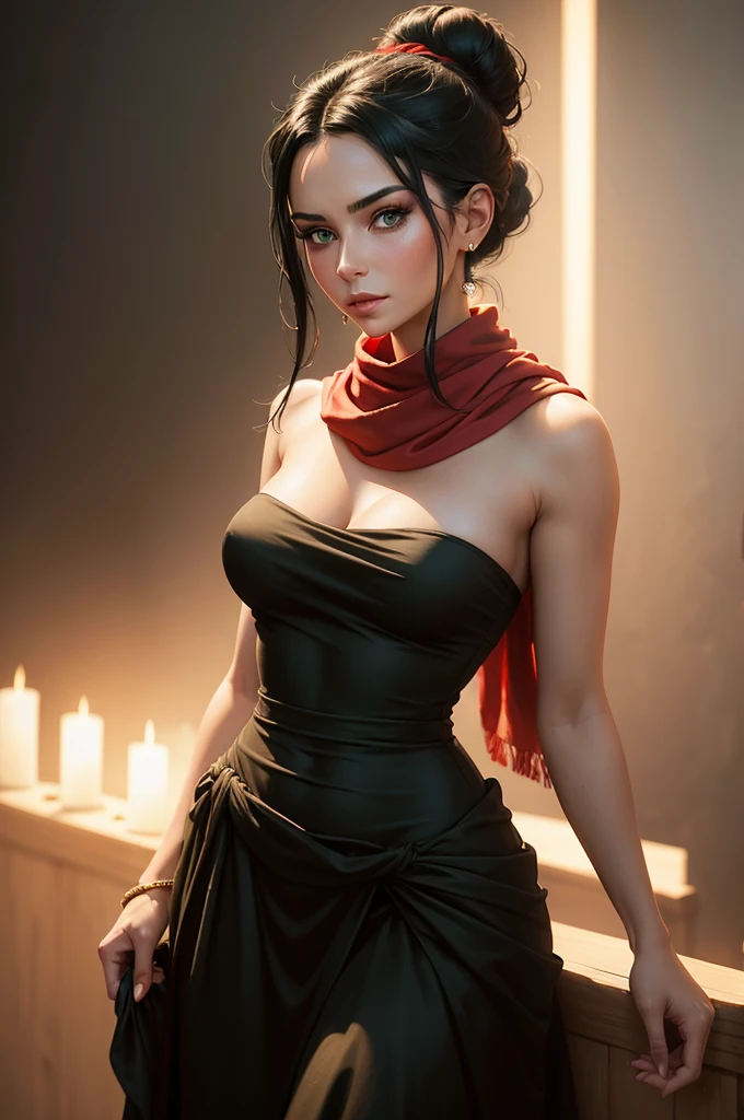 a beautiful woman with striking green eyes, long black hair tied into an elegant bun, wearing a strapless midi dress, a vibrant red scarf draped gracefully around her neck, highly detailed portrait, photorealistic, cinematic lighting, dramatic color palette, breathtaking realism, oil painting, masterpiece, 8k, hyperdetailed