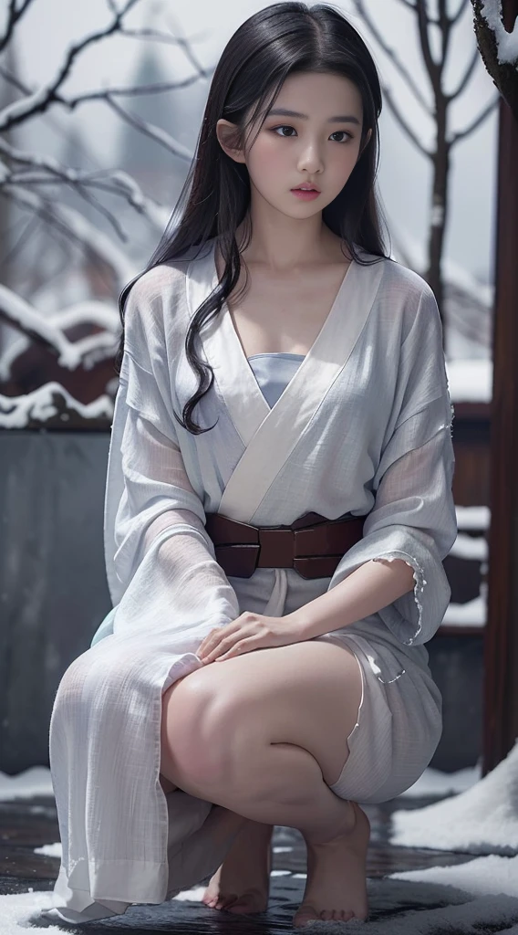 ((Best quality, 8K, masterpiece :1.3)), Clear focus:1.2 , Reality,(light),Facial detail texture. Eyes Details. Double eyelids, Slender and slender figure. The breasts are very small, 12 year old girl, Reality:1.37,Perfect eyes, ((1 Girl wearing a very loose white yukata)),(White belt),(Ultra-thin fabric),((Tattered Linen)),There are pictures,black hair color,Long hair draped loosely,Bangs,Kneeling in the snow,Full body portrait,Clothing that covers the entire body,Wrinkles,((Solid color background)),Very shy,Blushed