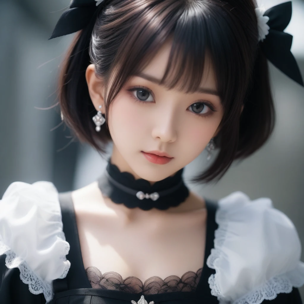 8k, Ultra-high resolution, Highest quality, masterpiece, 三分割法によるphotograph,Surreal, photograph, 1 Girl, (16 years old:1.3), pretty girl, Cute Face, Beautiful eyes in every detail, 細かくdetailedに,masterpiece,One Girl:1.2,Japanese female announcer,extream close up,Serious expression,Black short hair,Short ponytail,Maid Android,((Fusion of Gothic Lolita and Lolita fashion:1.3)),bracelet, chest, choker, clavicle, Earrings,Futuristic cityscape ,Perfect and beautiful face ,完璧でCute Face, Skin with attention to detail, Perfect limbs、Narrow waist,Looking at the audience,(((Ideal body type))),Aカップの小さなchest :2,Portraiture:2,Perfect Anatomy,鮮明なdetailed,detailed,Surreal,Light and shadow,spotlight