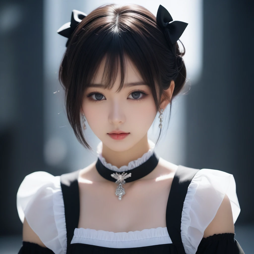 8k, Ultra-high resolution, Highest quality, masterpiece, 三分割法によるphotograph,Surreal, photograph, 1 Girl, (:1.3), pretty girl, Cute Face, Beautiful eyes in every detail, 細かくdetailedに,masterpiece,One Girl:1.2,Japanese female announcer,extream close up,Serious expression,Black short hair,Short ponytail,Maid Android,((Fusion of Gothic Lolita and La fashion:1,bracelet, chest, choker, clavicle, Earrings,Futuristic cityscape ,Perfect and beautiful face ,完璧でCute Face, Skin with attention to detail, Perfect limbs、Narrow waist,Looking at the audience,(((Ideal body type))),Aカップの小さなchest :2,Portraiture:2,Perfect Anatomy,鮮明なdetailed,detailed,Surreal,Light and shadow,spotlight