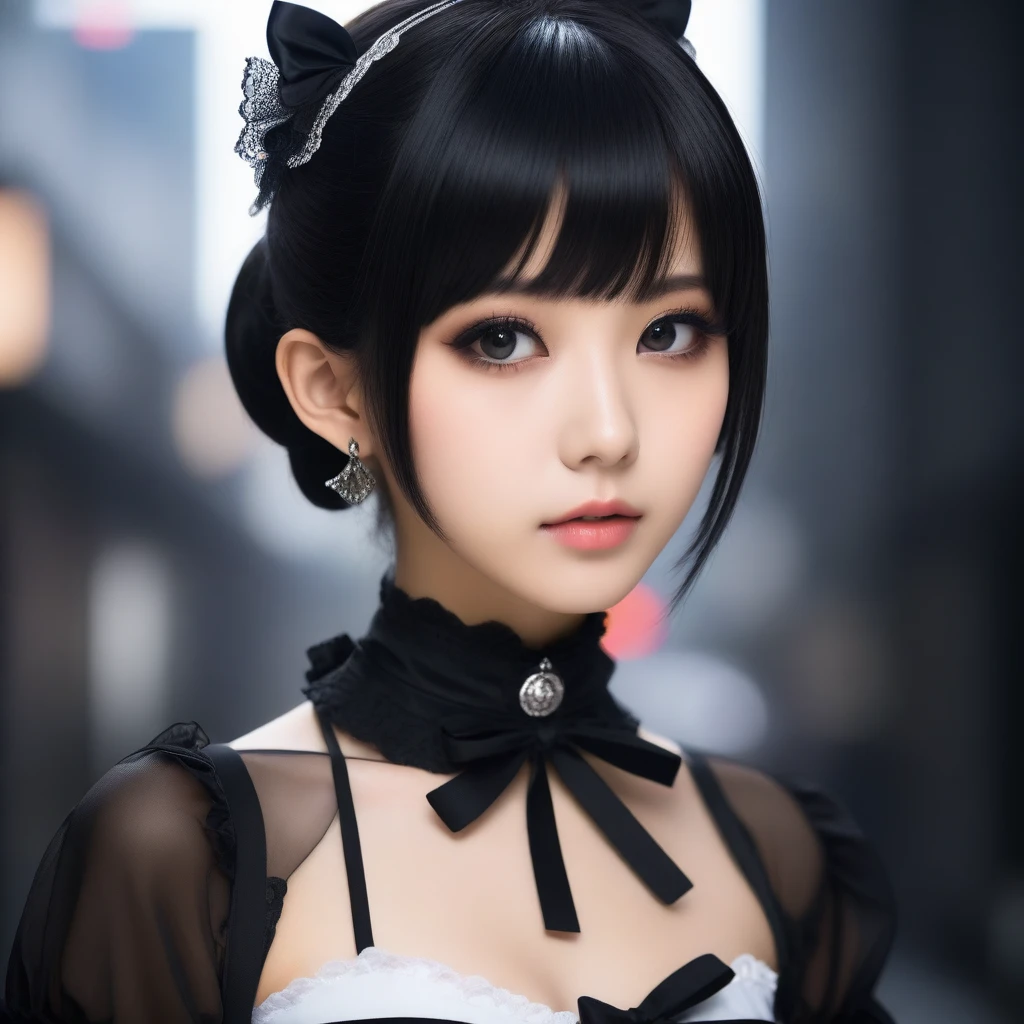 8k, Ultra-high resolution, Highest quality, masterpiece, 三分割法によるphotograph,Surreal, photograph, 1 Girl, (16 years old:1.3), pretty girl, Cute Face, Beautiful eyes in every detail, 細かくdetailedに,masterpiece,One Girl:1.2,Japanese female announcer,extream close up,Serious expression,Black short hair,Short ponytail,Maid Android,((Fusion of Gothic Lolita and Lolita fashion:1.3)),bracelet, chest, choker, clavicle, Earrings,Futuristic cityscape ,Perfect and beautiful face ,完璧でCute Face, Skin with attention to detail, Perfect limbs、Narrow waist,Looking at the audience,(((Ideal body type))),Aカップの小さなchest :2,Portraiture:2,Perfect Anatomy,鮮明なdetailed,detailed,Surreal,Light and shadow,spotlight