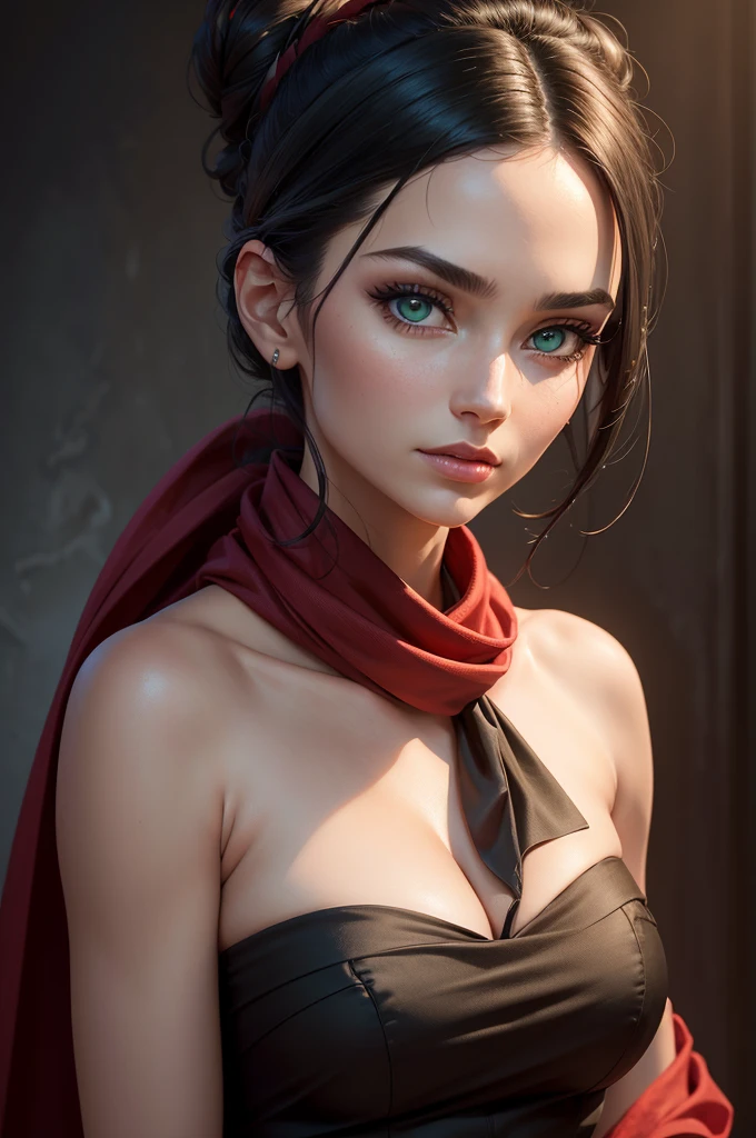 A beautiful woman with striking green eyes, long black hair tied in a elegant bun, wearing a strapless midi dress, with a vibrant red scarf draped around her neck, (best quality,4k,8k,highres,masterpiece:1.2),ultra-detailed,(realistic,photorealistic,photo-realistic:1.37),extremely detailed eyes and face,longeyelashes,intricate fabric textures,studio lighting,vivid colors,cinematic,dramatic lighting,elegant portrait
