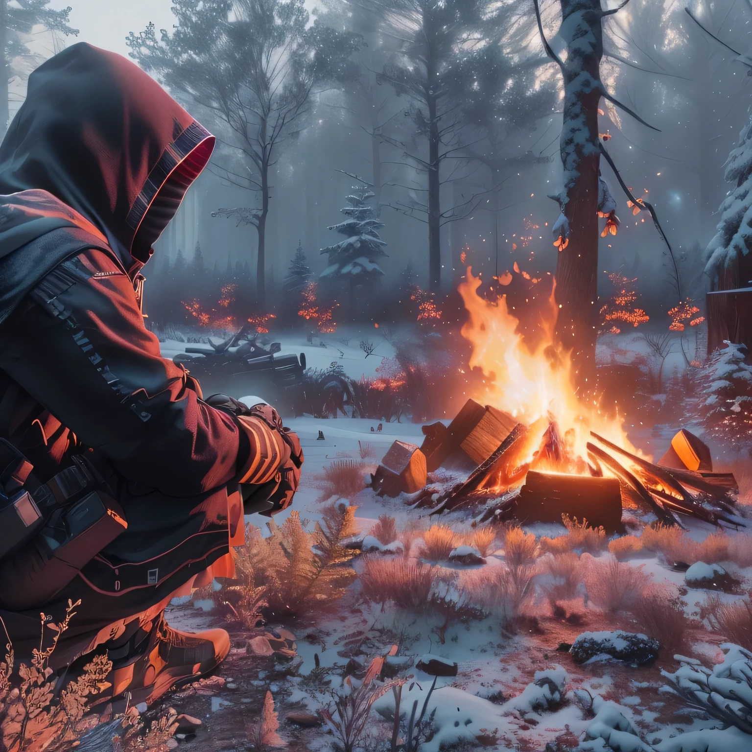 someone sitting in front of the fire in a hood, Cryomotor render, Cryomotor render 8 k, Cryomotor, Cryomotor 8 k, Cryomotor render 8 k uhd, with Cryomotor, at a campfire in the forest, rendered in Cryomotor, Cryomotor 8k uhd, Cryomotor 8 k uhd, Cryomotor octane