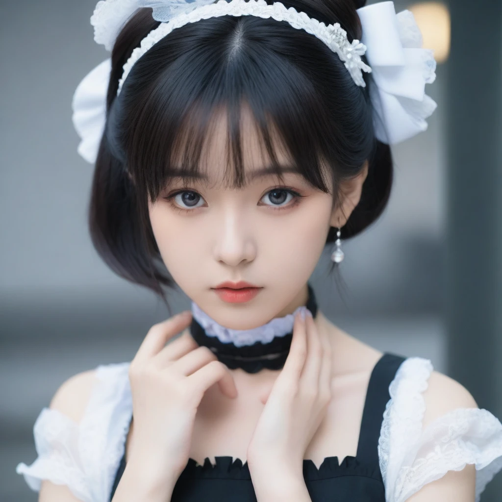 8k, Ultra-high resolution, Highest quality, masterpiece, 三分割法によるphotograph,Surreal, photograph, 1 Girl, (:1.3), pretty girl, Cute Face, Beautiful eyes in every detail, 細かくdetailedに,masterpiece,One Girl:1.2,Japanese female announcer,extream close up,Serious expression,Black short hair,Short ponytail,Maid Android,((Fusion of Gothic Lolita and La fashion:1,bracelet, chest, choker, clavicle, Earrings,Futuristic cityscape ,Perfect and beautiful face ,完璧でCute Face, Skin with attention to detail, Perfect limbs、Narrow waist,Looking at the audience,(((Ideal body type))),Aカップの小さなchest :2,Portraiture:2,Perfect Anatomy,鮮明なdetailed,detailed,Surreal,Light and shadow,spotlight