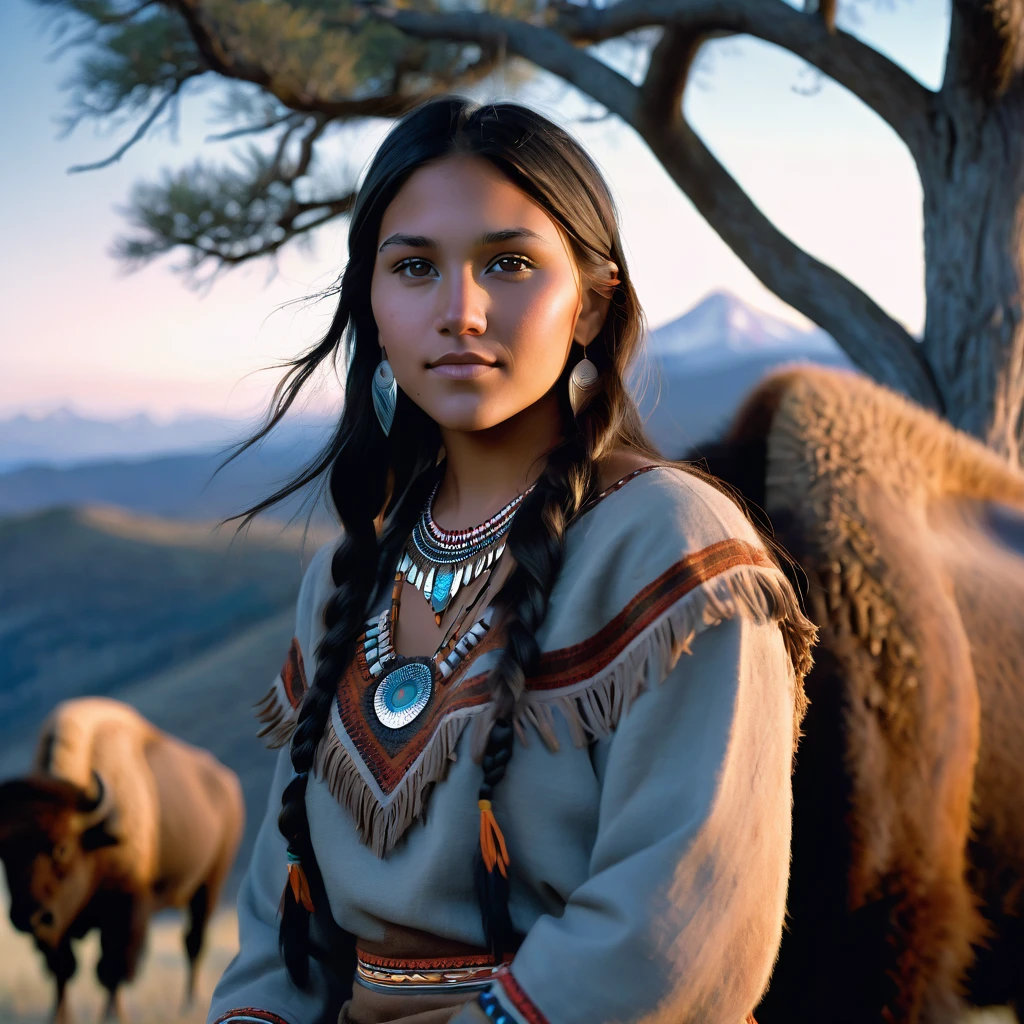 (grainy:0.5), cinematic, beautiful girls 25 year old native american,fantasy,(solo:1.3), detailed eyes, detailed face, detailed native american sexy clothing, volumetric lighting, dusk, extremely detailed background, standing next to tree and mountain, smiling, half closed brown eyes, tilted head, from side, sitting next to her American Bison