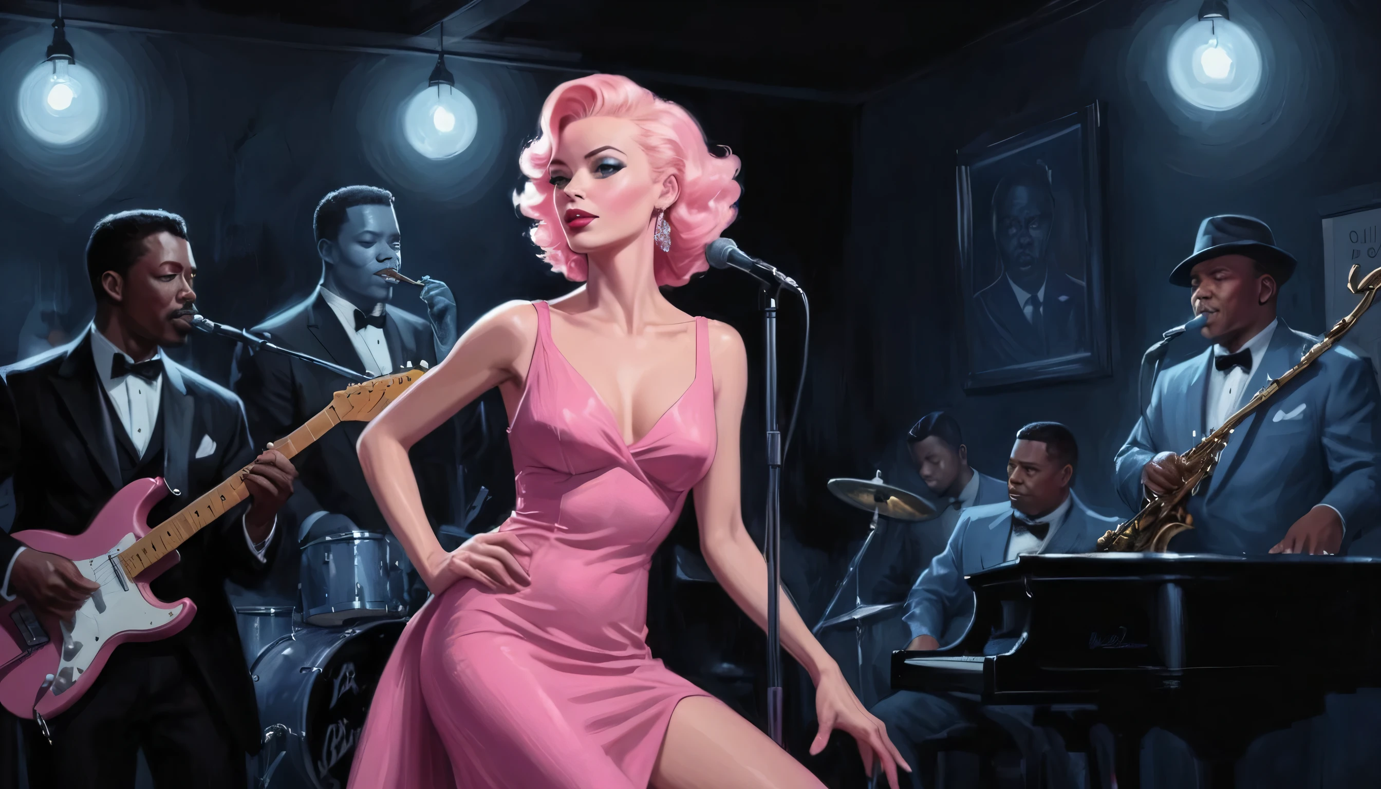 alabama bar, blue note, charismatic, baterist, guitarist, saxophonist, jazz band, pink dress, illustration, noir fantasy, singer lady,