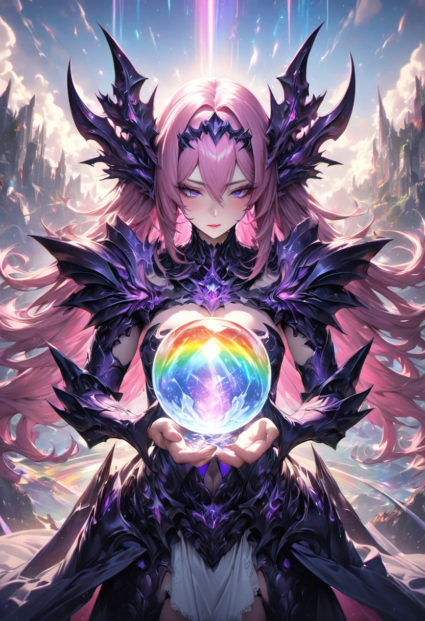 the holy sword Durandal, shatters the transparent crystal ball, erupting rainbow cosmic rays and sending the galaxy hurtling towards destruction, beautiful demon queen, cool and sadistic, amorous and lewd face, looking down with a cold gaze, background galaxy, (ultra detailed, absolutely resolution, best quality:1.3), 2.5D, delicate and dynamic, artistic photography, hyper realistic, graphic CG digital art