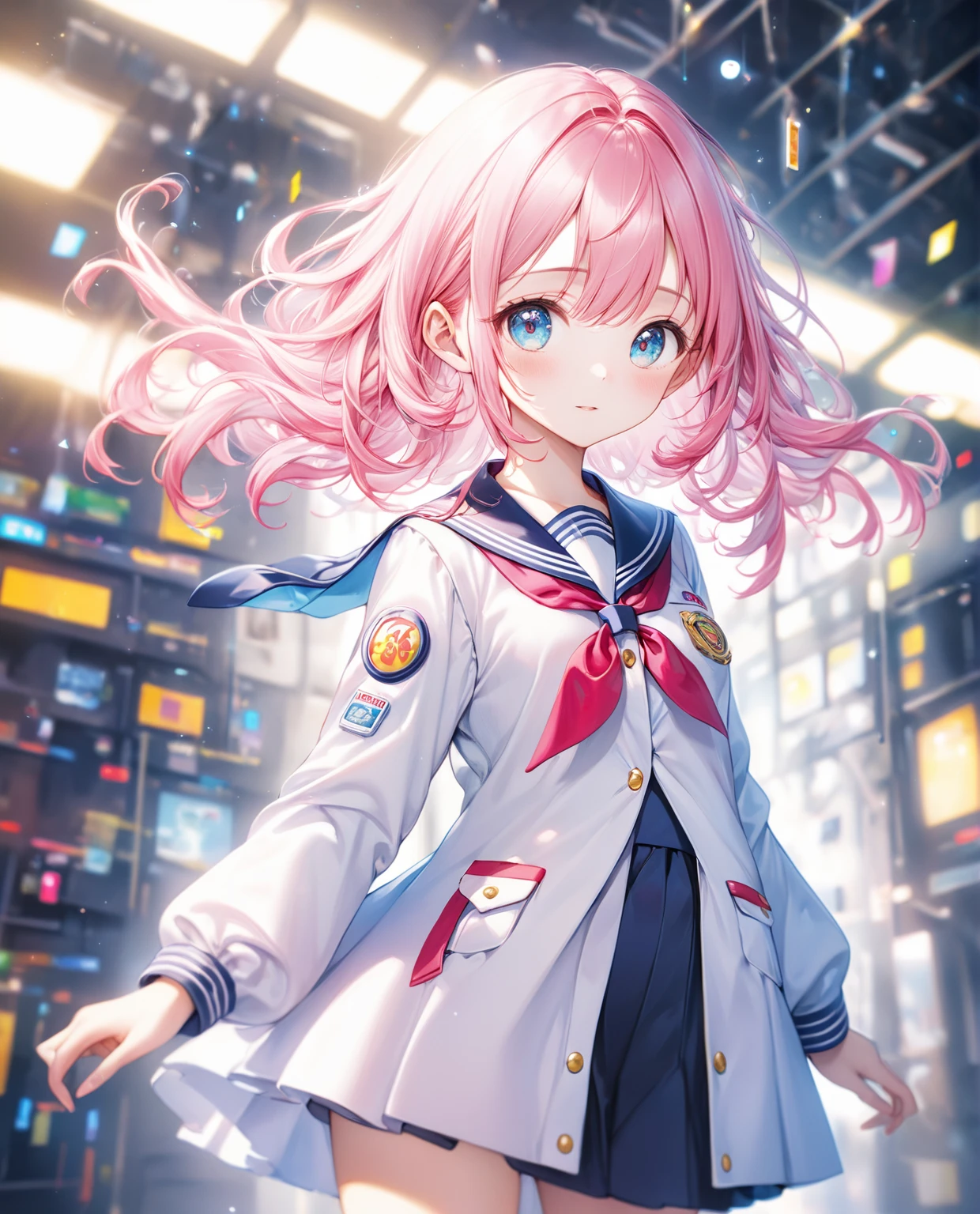 (Highest quality,8k,32K,masterpiece,Ultra-high resolution :1.2 ),born,One girl,Super cute,Natural light,Clear, shining eyes,20-year-old,Fair skin,Electronic world fantasy background,Pink Hair,In uniform, 学born服