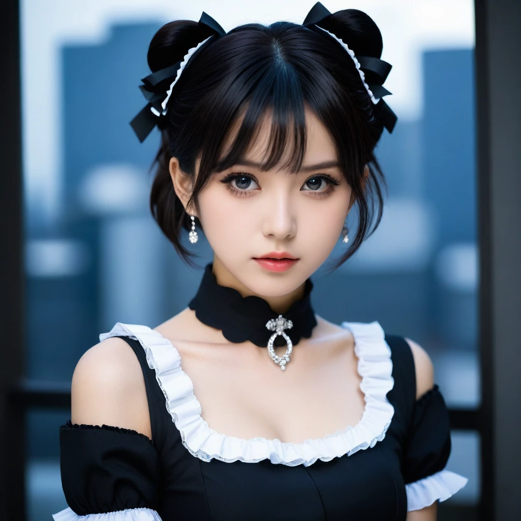 8k, Ultra-high resolution, Highest quality, masterpiece, 三分割法によるphotograph,Surreal, photograph, 1 Girl, (16 years old:1.3), pretty girl, Cute Face, Beautiful eyes in every detail, 細かくdetailedに,masterpiece,One Girl:1.2,Japanese female announcer,extream close up,Serious expression,Black short hair,Short ponytail,Maid Android,((Fusion of Gothic Lolita and Lolita fashion:1.3)),bracelet, chest, choker, clavicle, Earrings,Futuristic cityscape ,Perfect and beautiful face ,完璧でCute Face, Skin with attention to detail, Perfect limbs、Narrow waist,Looking at the audience,(((Ideal body type))),Aカップの小さなchest :2,Portraiture:2,Perfect Anatomy,鮮明なdetailed,detailed,Surreal,Light and shadow,spotlight