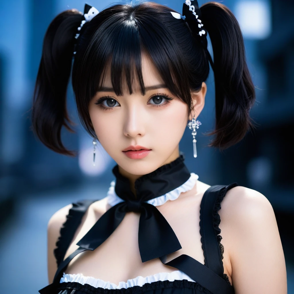 8k, Ultra-high resolution, Highest quality, masterpiece, 三分割法によるphotograph,Surreal, photograph, 1 Girl, (16 years old:1.3), pretty girl, Cute Face, Beautiful eyes in every detail, 細かくdetailedに,masterpiece,One Girl:1.2,Japanese female announcer,extream close up,Serious expression,Black short hair,Short ponytail,Maid Android,((Fusion of Gothic Lolita and Lolita fashion:1.3)),bracelet, chest, choker, clavicle, Earrings,Futuristic cityscape ,Perfect and beautiful face ,完璧でCute Face, Skin with attention to detail, Perfect limbs、Narrow waist,Looking at the audience,(((Ideal body type))),Aカップの小さなchest :2,Portraiture:2,Perfect Anatomy,鮮明なdetailed,detailed,Surreal,Light and shadow,spotlight