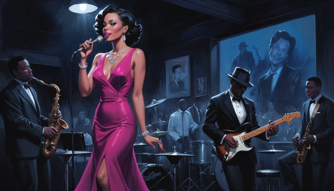 alabama bar, blue note, charismatic, baterist, guitarist, saxophonist, jazz band, fuchsia dress, illustration, noir fantasy, singer lady, 