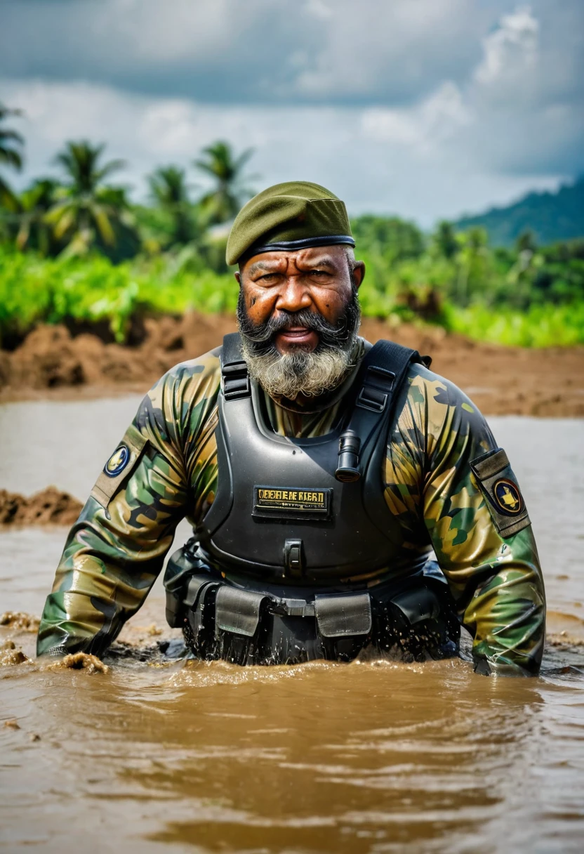 (a dark-skinned bearded fat muscular old man in a bulky army camouflage zipper diver suit) swimming surfacing from mud, shooting with gun and (wearing army beret), muscular, Basuki Abdullah, sumatraism, action, a character portrait, heroic, fierce, angry