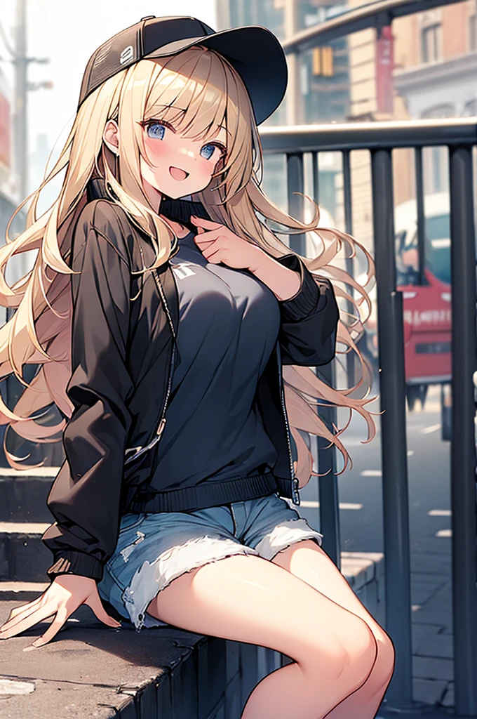 (Masterpiece, Top quality:1.5), 1 beautiful girl, sitting down, from side, Blonde, medium Hair, wavy Hair, asymmetry bangs, swept bangs, airy hair, large breasts:1.2, 16 year old, standard weight, (cool jacket, Shorts :1.3), baseball cap, smile:1.3, blush, beautiful scene of street, blurry background, magnificent panorama view, open mouth