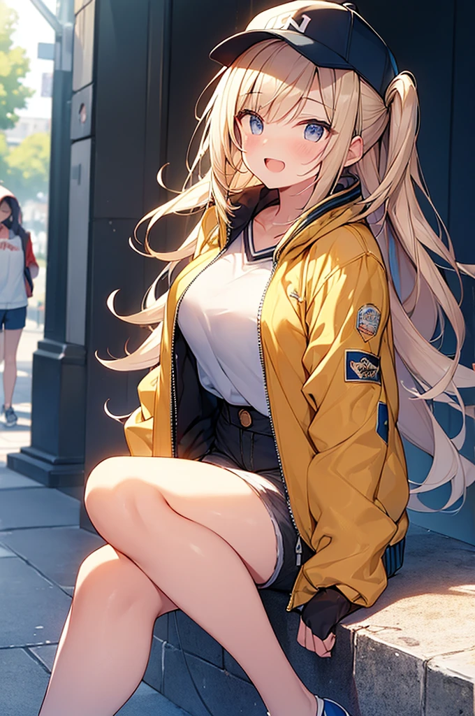 (Masterpiece, Top quality:1.5), 1 beautiful girl, sitting down, from side, Blonde, medium Hair, wavy Hair, asymmetry bangs, swept bangs, airy hair, large :1.2, 16 year old, standard weight, (cool jacket, Shorts :1.3), baseball cap, smile:1.3, blush, beautiful scene of street, blurry background, magnificent panorama view, open mouth