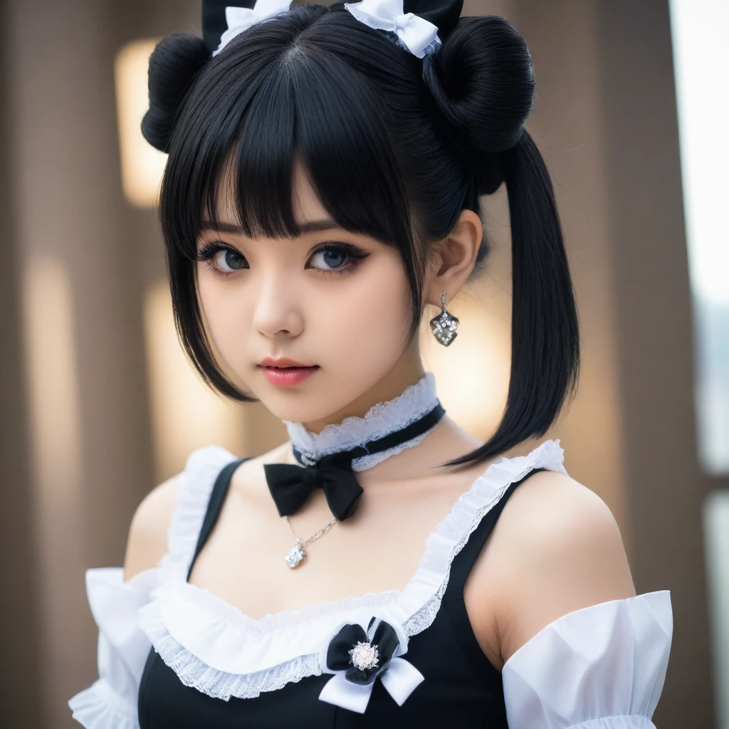 8k, Ultra-high resolution, Highest quality, masterpiece, 三分割法によるphotograph,Surreal, photograph, 1 Girl, (16 years old:1.3), pretty girl, Cute Face, Beautiful eyes in every detail, 細かくdetailedに,masterpiece,One Girl:1.2,Japanese female announcer,extream close up,Serious expression,Black short hair,Short ponytail,Maid Android,((Fusion of Gothic Lolita and Lolita fashion:1.3)),bracelet, chest, choker, clavicle, Earrings,Futuristic cityscape ,Perfect and beautiful face ,完璧でCute Face, Skin with attention to detail, Perfect limbs、Narrow waist,Looking at the audience,(((Ideal body type))),Aカップの小さなchest :2,Portraiture:2,Perfect Anatomy,鮮明なdetailed,detailed,Surreal,Light and shadow,spotlight