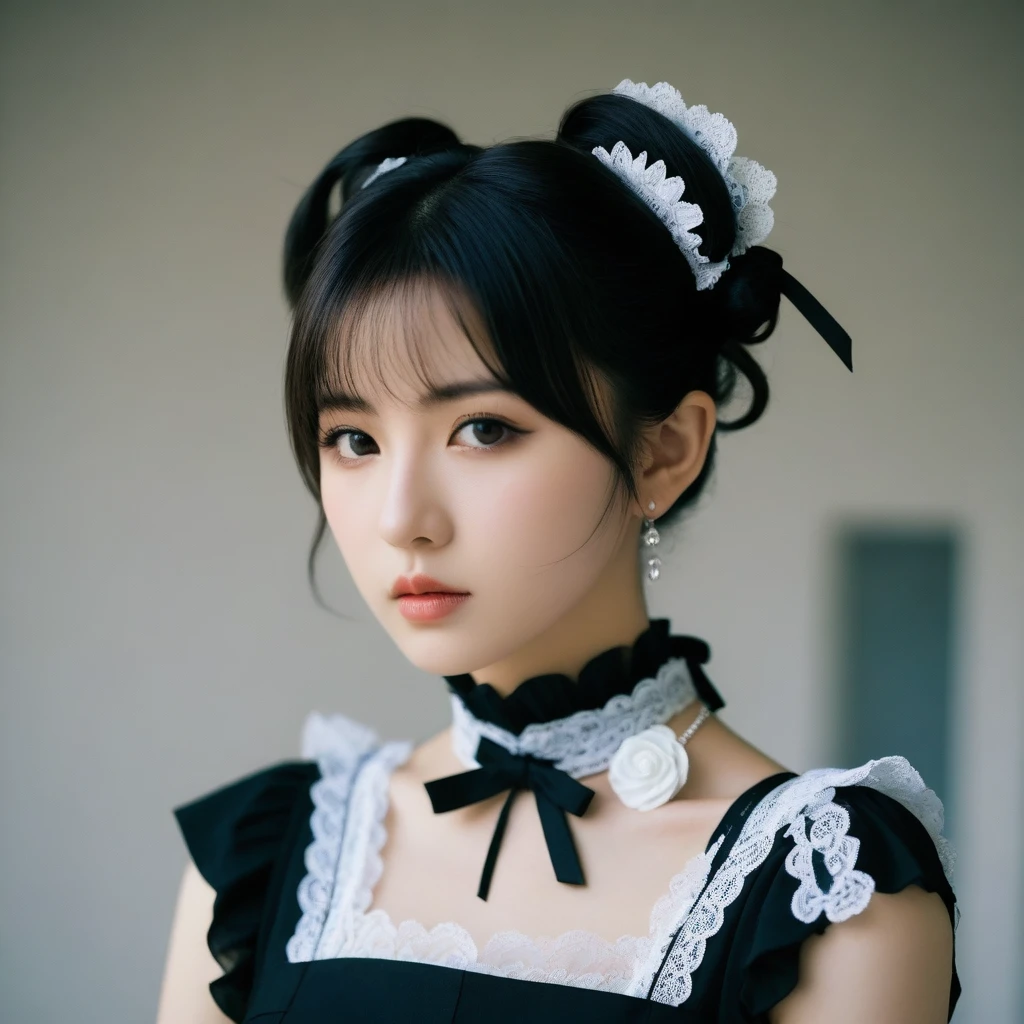 8k, Ultra-high resolution, Highest quality, masterpiece, 三分割法によるphotograph,Surreal, photograph, 1 Girl, (16 years old:1.3), pretty girl, Cute Face, Beautiful eyes in every detail, 細かくdetailedに,masterpiece,One Girl:1.2,Japanese female announcer,extream close up,Serious expression,Black short hair,Short ponytail,Maid Android,((Fusion of Gothic Lolita and Lolita fashion:1.3)),bracelet, chest, choker, clavicle, Earrings,Futuristic cityscape ,Perfect and beautiful face ,完璧でCute Face, Skin with attention to detail, Perfect limbs、Narrow waist,Looking at the audience,(((Ideal body type))),Aカップの小さなchest :2,Portraiture:2,Perfect ???????,鮮明なdetailed,detailed,Surreal,Light and shadow,spotlight