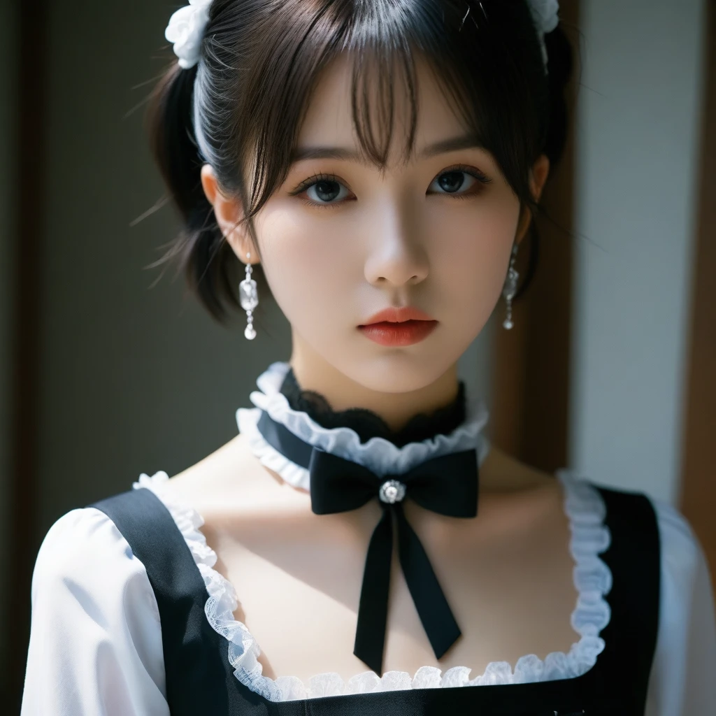8k, Ultra-high resolution, Highest quality, masterpiece, 三分割法によるphotograph,Surreal, photograph, 1 Girl, (:1.3), pretty girl, Cute Face, Beautiful eyes in every detail, 細かくdetailedに,masterpiece,One Girl:1.2,Japanese female announcer,extream close up,Serious expression,Black short hair,Short ponytail,Maid Android,((Fusion of Gothic Lolita and La fashion:1,bracelet, chest, choker, clavicle, Earrings,Futuristic cityscape ,Perfect and beautiful face ,完璧でCute Face, Skin with attention to detail, Perfect limbs、Narrow waist,Looking at the audience,(((Ideal body type))),Aカップの小さなchest :2,Portraiture:2,Perfect Anatomy,鮮明なdetailed,detailed,Surreal,Light and shadow,spotlight