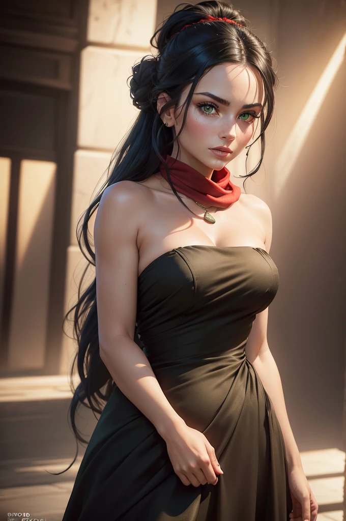 A beautiful woman with striking green eyes, long black hair styled in a bun, wearing a strapless midi dress and a red scarf around her neck, (best quality,4k,8k,highres,masterpiece:1.2),ultra-detailed,(realistic,photorealistic,photo-realistic:1.37),portrait,fashion,elegant,dramatic lighting,vivid colors,intricate details,cinematic