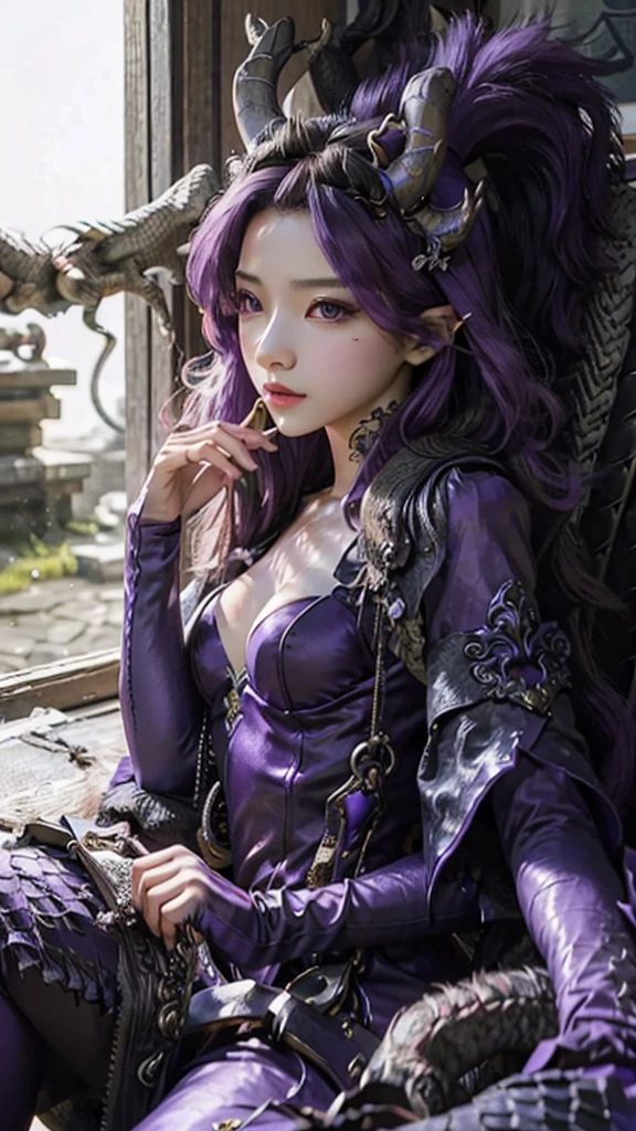 Fair, elegant, slight, oriental adult woman, Long flowing hair(purple), face shape (cold) ,Sexy (Small Mouth), Dragon Horn (purple),, Wearing dragon costume ( purple),