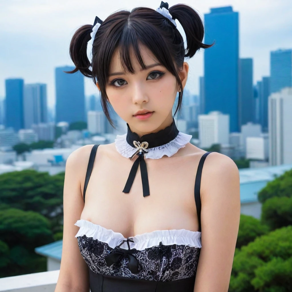 8k, Ultra-high resolution, Highest quality, masterpiece, 三分割法によるphotograph,Surreal, photograph, 1 Girl, (:1.3), pretty girl, Cute Face, Beautiful eyes in every detail, 細かくdetailedに,masterpiece,One Girl:1.2,Japanese female announcer,extream close up,Serious expression,Black short hair,Short ponytail,Maid Android,((Fusion of Gothic Lolita and La fashion:1,bracelet, chest, choker, clavicle, Earrings,Futuristic cityscape ,Perfect and beautiful face ,完璧でCute Face, Skin with attention to detail, Perfect limbs、Narrow waist,Looking at the audience,(((Ideal body type))),Aカップの小さなchest :2,Portraiture:2,Perfect Anatomy,鮮明なdetailed,detailed,Surreal,Light and shadow,spotlight