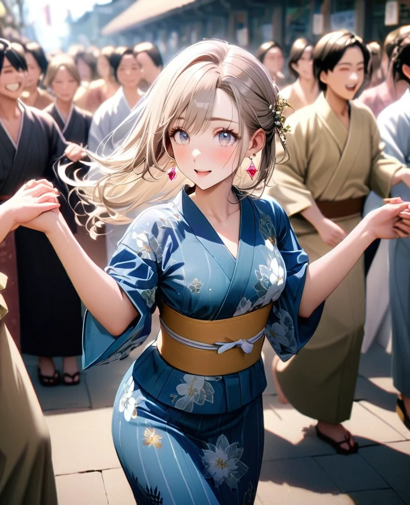 8K,gal，an extremely delicate and beautiful,Beautiful and realistic skin,Shiny jewel-like earrings,Shine like glitter long Greige hair,beautiful eyes,Bon dance,yukata