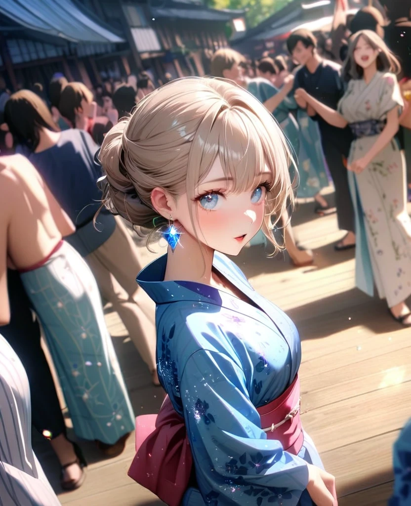 8K,gal,an extremely delicate and beautiful,Beautiful and realistic skin,Shiny jewel-like earrings,Shine like glitter long Greige hair,beautiful eyes,Bon dance,yukata