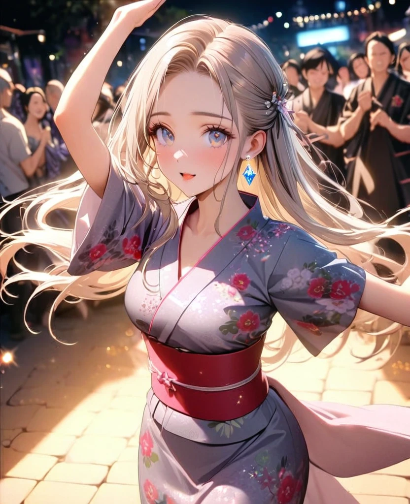 8K,gal,an extremely delicate and beautiful,Beautiful and realistic skin,Shiny jewel-like earrings,Shine like glitter long Greige hair,beautiful eyes,Bon dance,yukata