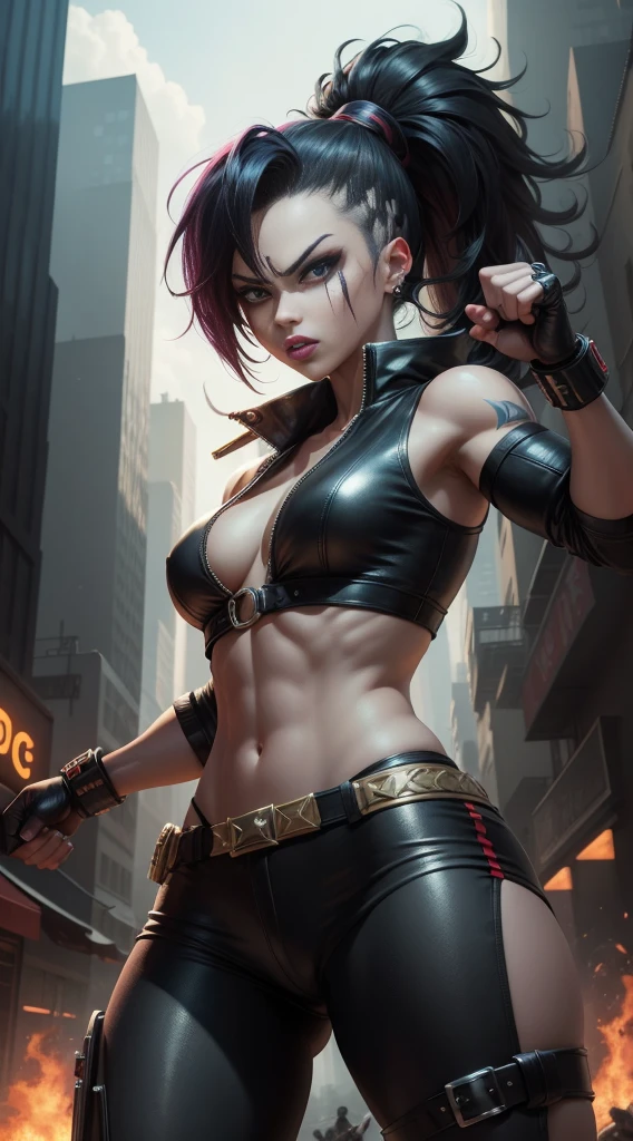 Blaze character, super detailed face, perfect, Street Of Rage style action game, Set in a futuristic city, fighting poses, shocking, characters wearing fighting clothes,tomboy, makima style hair, black lipstick, military clothing glued to the body,